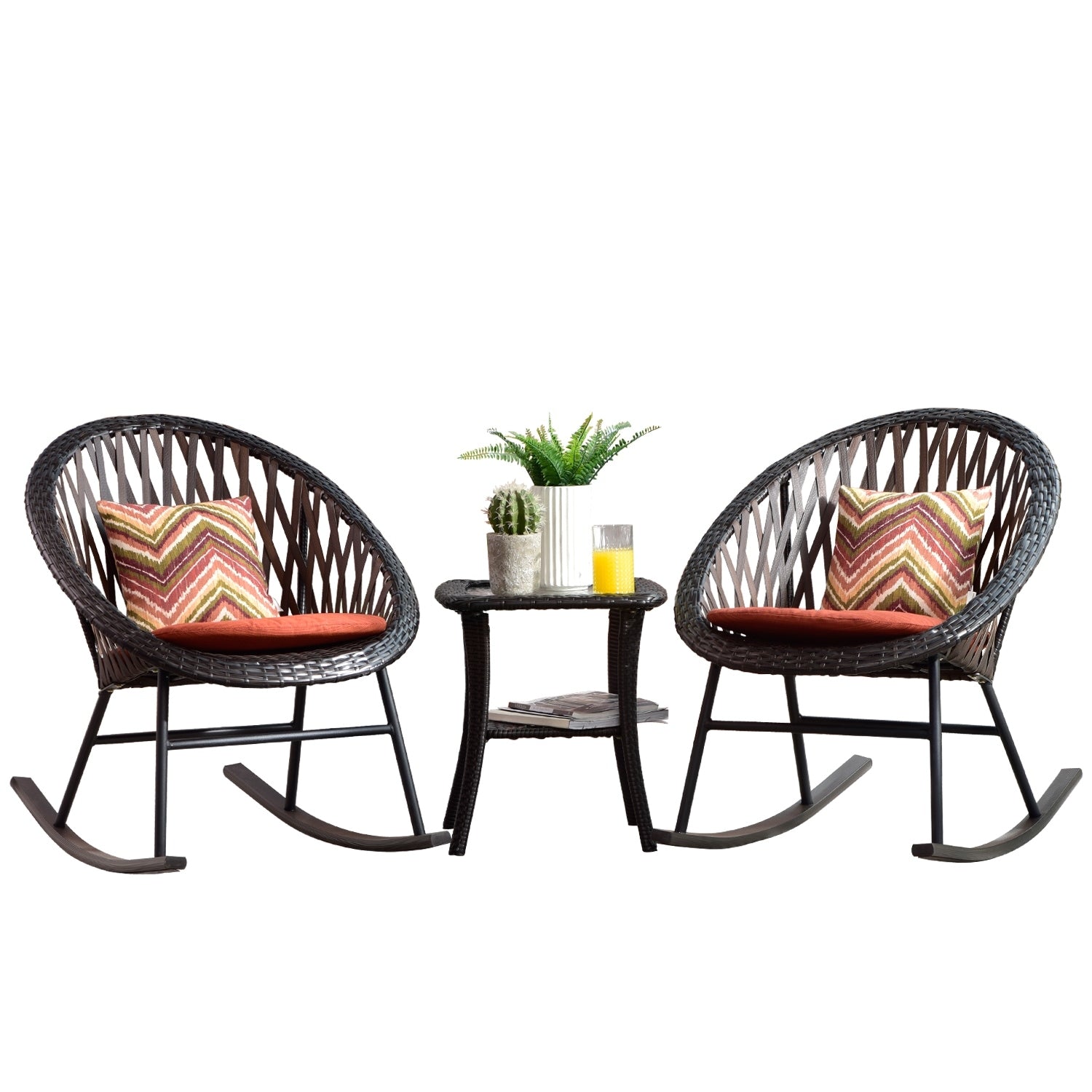 OVIOS 3-piece Patio Rocking Chair Bistro Set with Glass Coffee Table