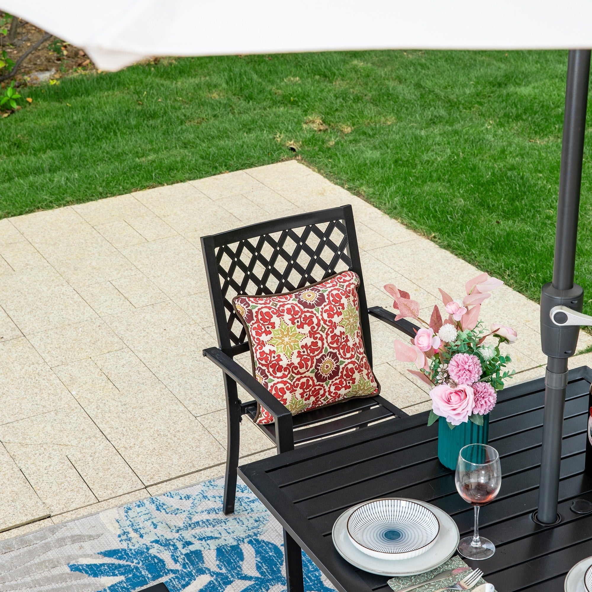 MAISON ARTS 6-Piece Patio Dining Set with 10ft 3 Tier Auto-tilt Umbrella: 4 Metal Outdoor Chairs 1 Metal Square Dining Table