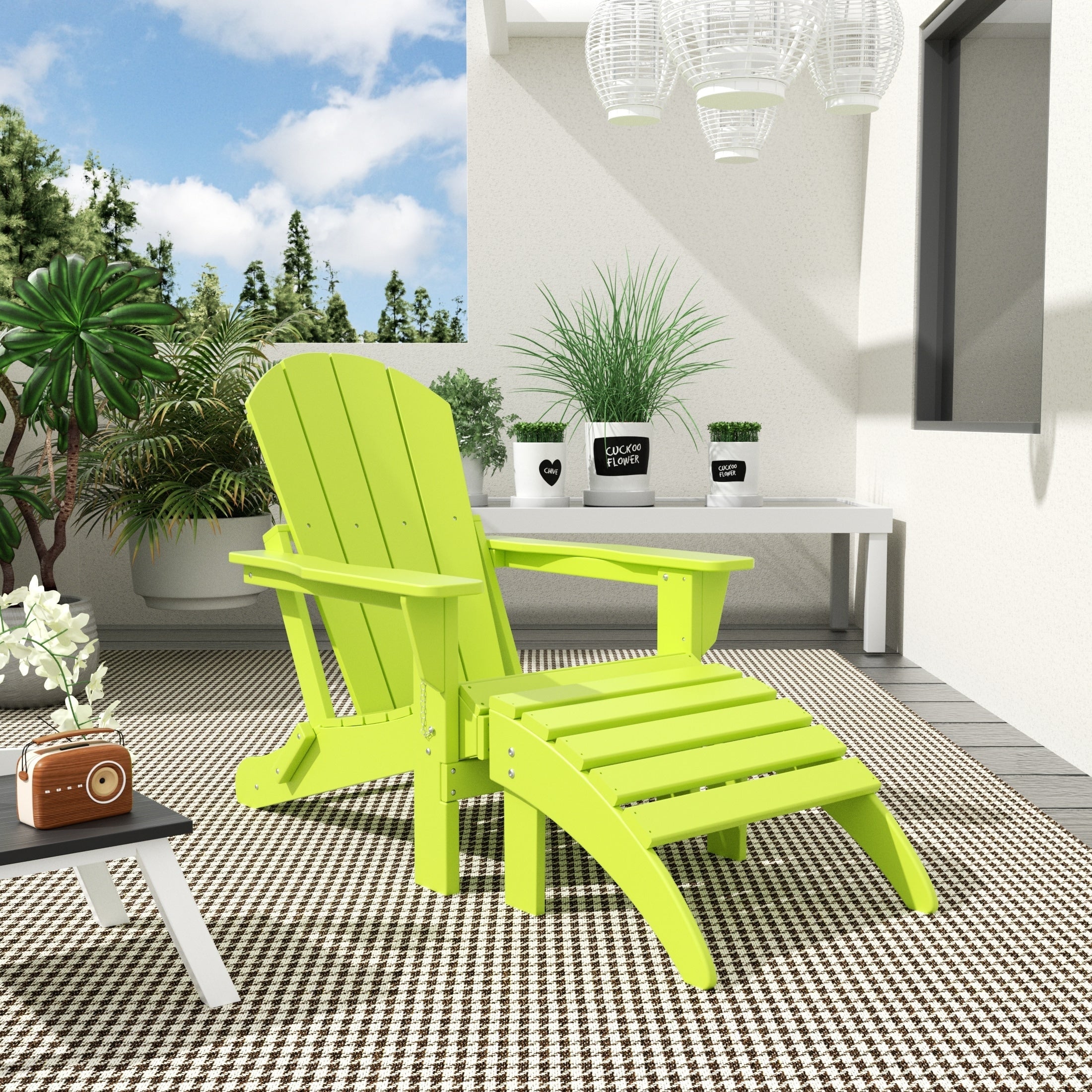 Chaise Adirondack pliable Polytrends Laguna en PEHD pour terrasse extérieure toutes saisons avec pouf (ensemble 2 pièces)