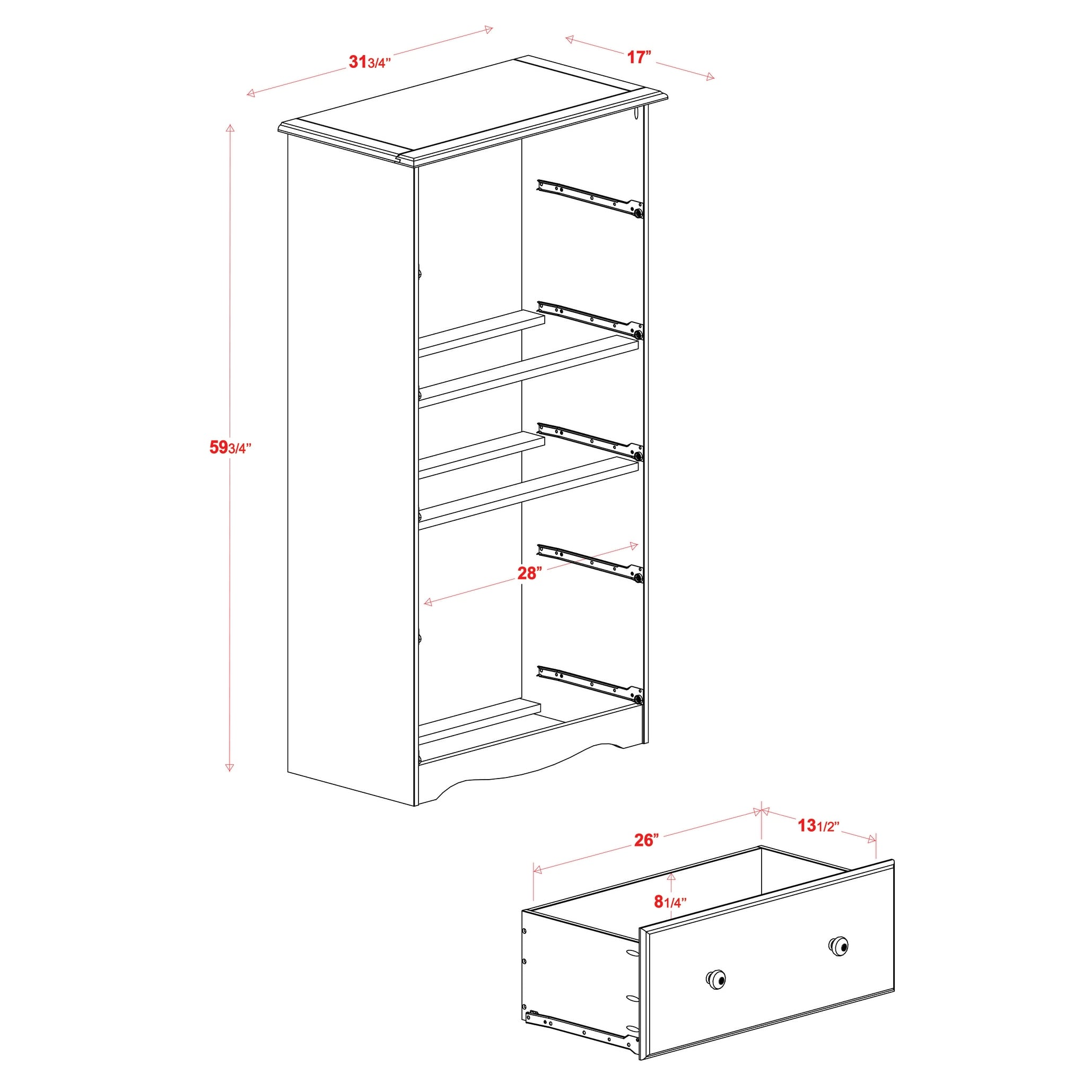 Commode 5 tiroirs géants 100 % bois massif de Palace Imports avec serrure, boutons en métal ou en bois