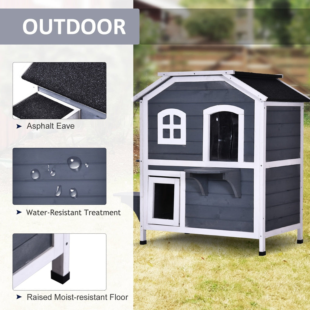 Maison pour chat d'extérieur PawHut en bois de sapin à deux étages, abri pour chats sauvages en bois avec toit en asphalte ouvrable pour intérieur/extérieur, blanc/gris
