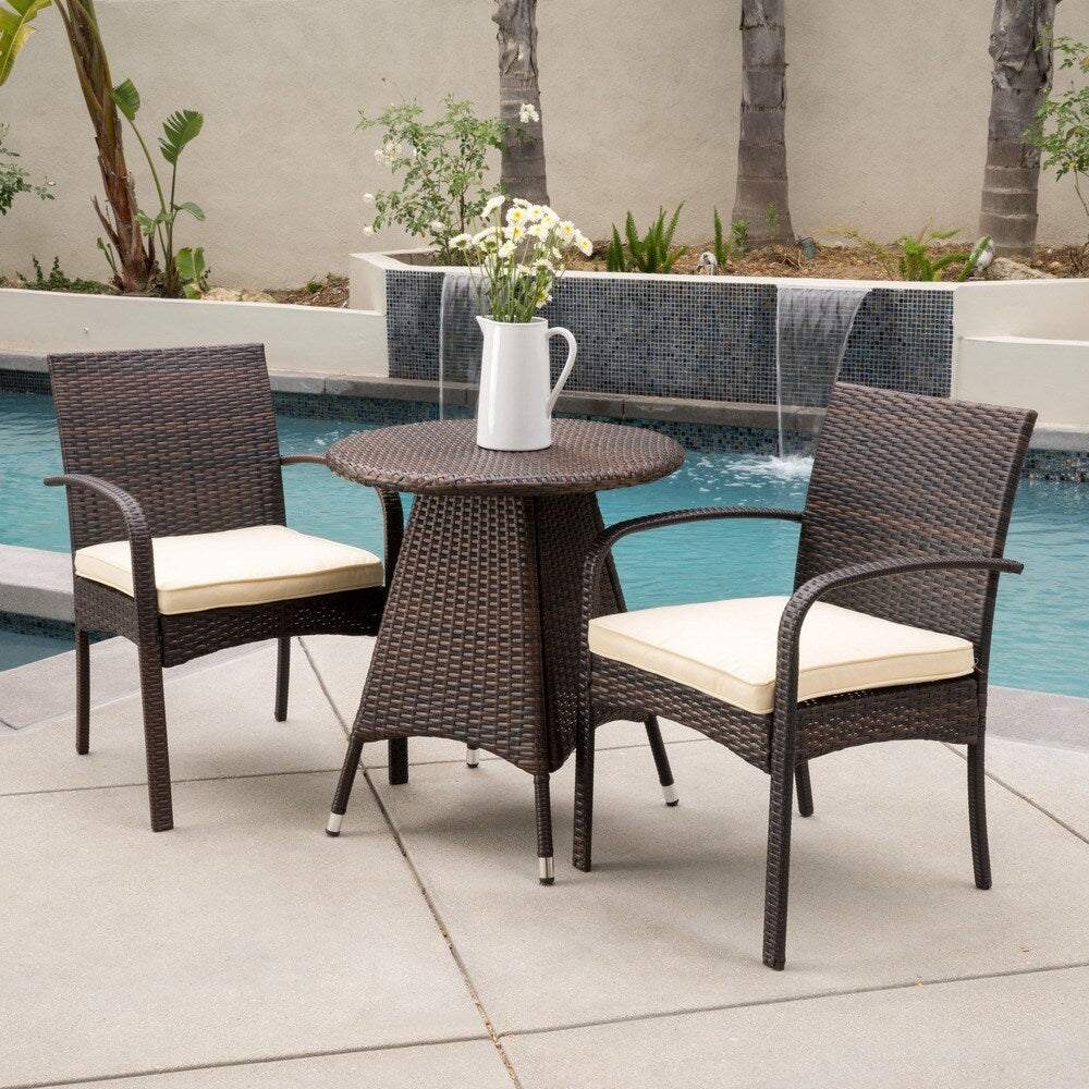 Peterson Outdoor 3-piece Wicker Bistro Set with Cushions by Christopher Knight Home