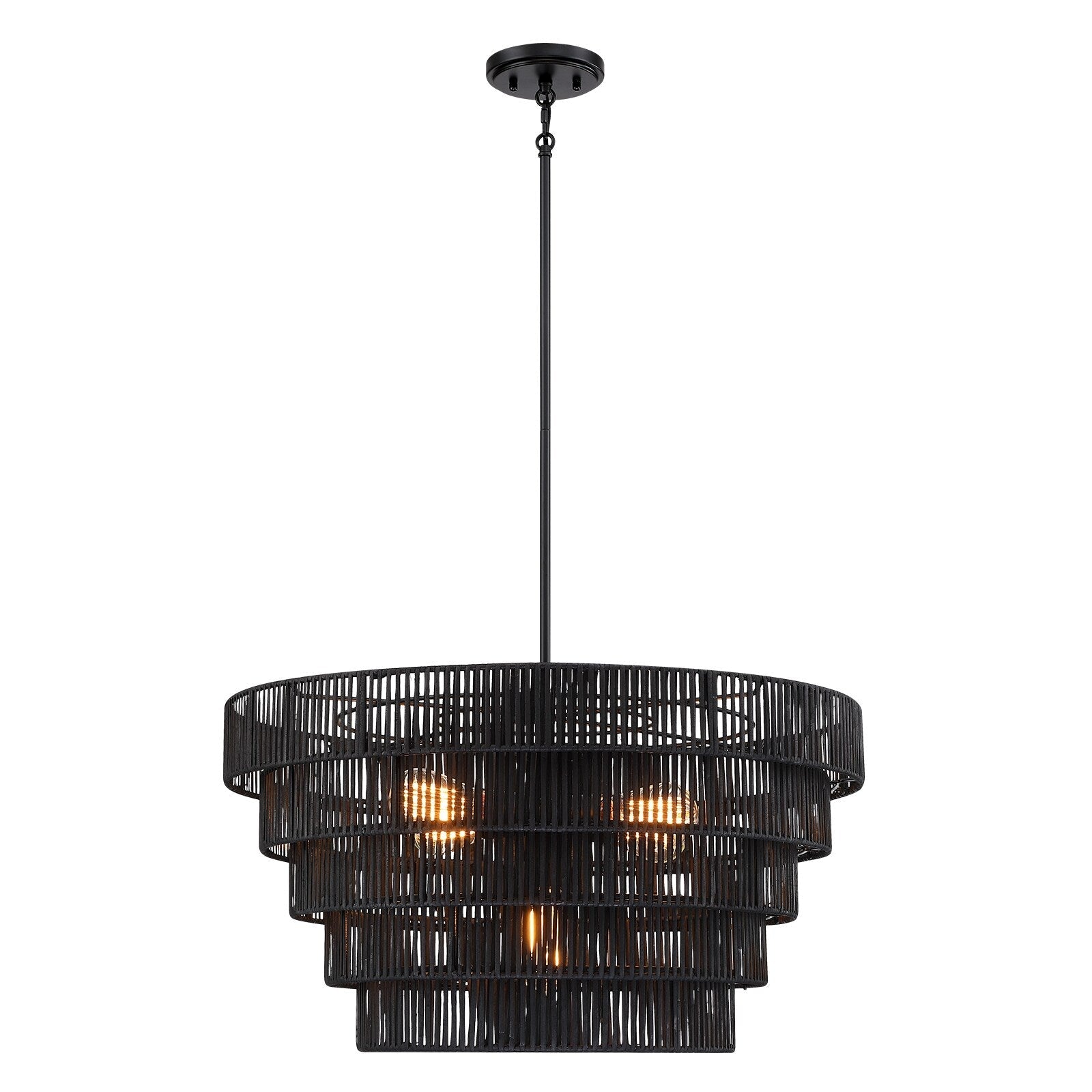 Lustre bohème moderne Piersan à 5 lumières avec abat-jour en rotin à plusieurs niveaux - 26 po de largeur
