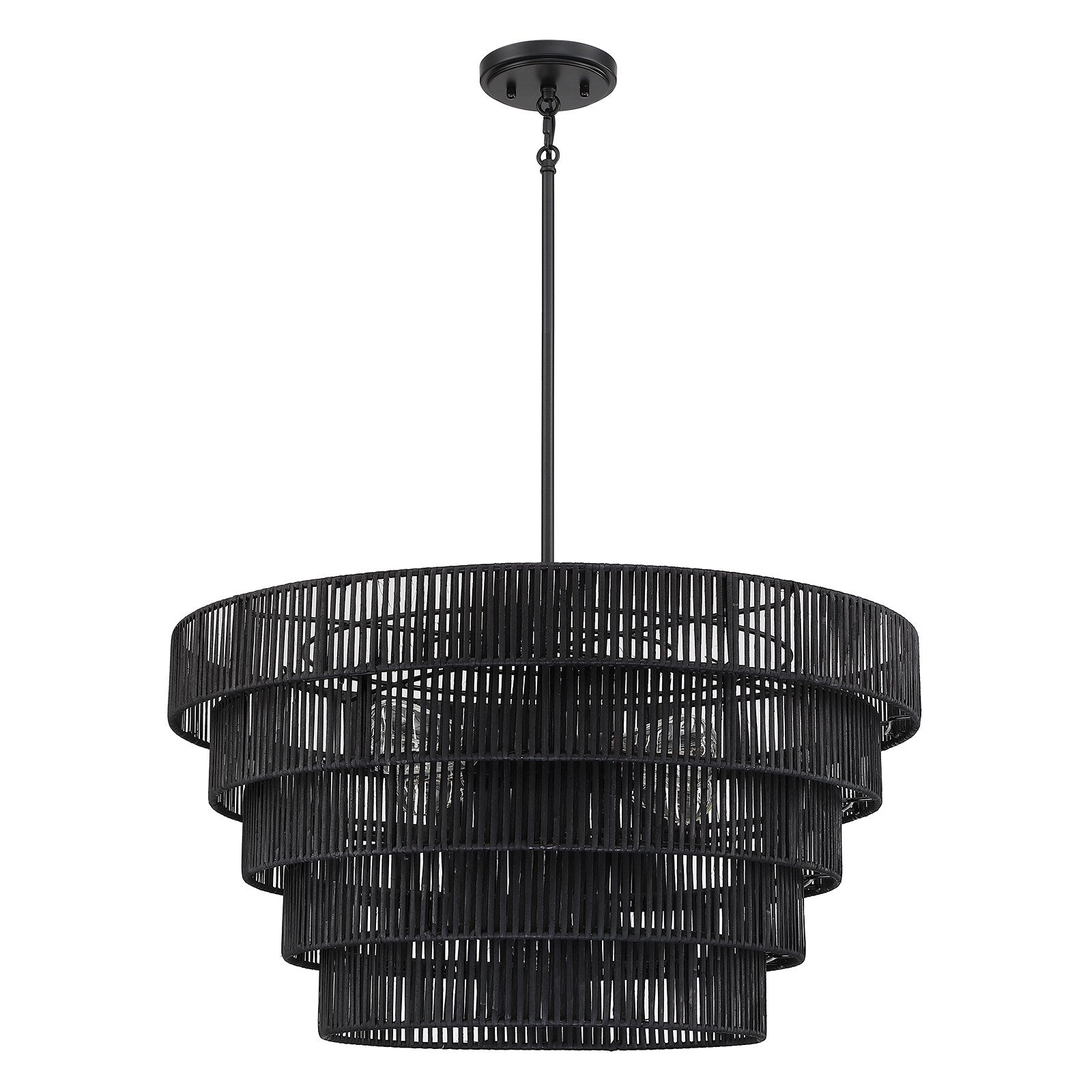 Lustre bohème moderne Piersan à 5 lumières avec abat-jour en rotin à plusieurs niveaux - 26 po de largeur