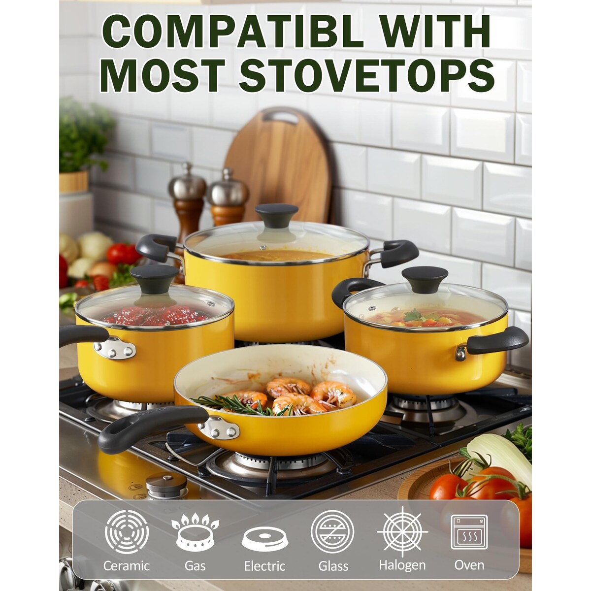 Ensemble de casseroles et poêles antiadhésives, batterie de cuisine en céramique 10 pièces, ensemble de cuisson antiadhésif avec casseroles