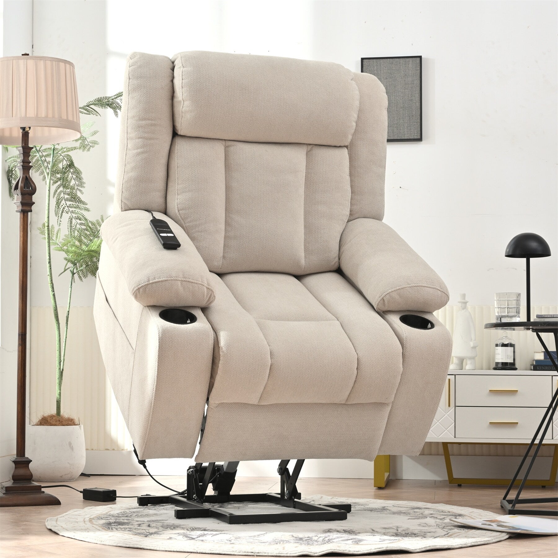 Power Lift Recliner Chair for Elderly, Fabric Lift Chairs w/ Extended Footrest, with 2 Cup Holders,Side Pockets, Remote Control