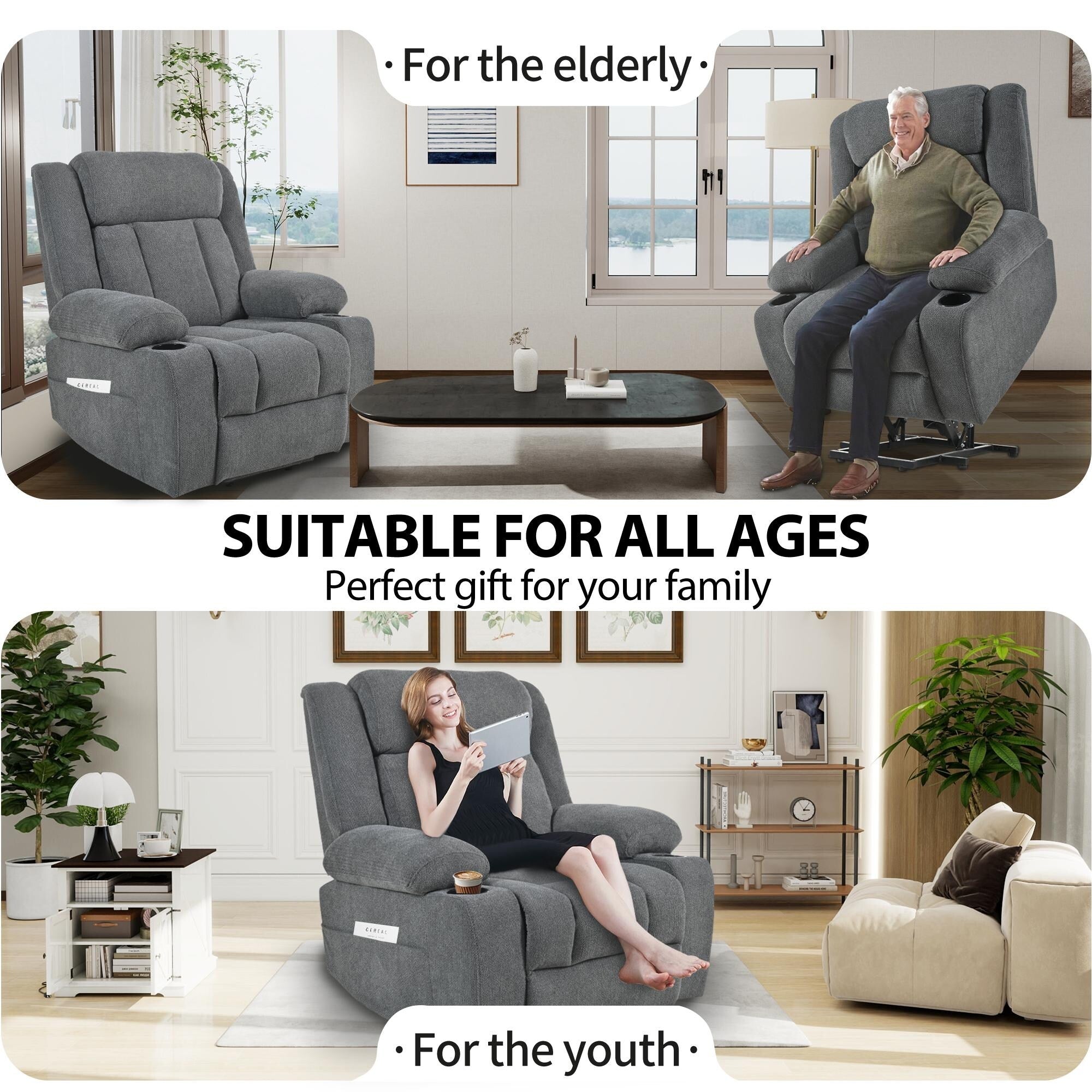 Power Lift Recliner Chair for Elderly, Fabric Lift Chairs w/ Extended Footrest, with 2 Cup Holders,Side Pockets, Remote Control