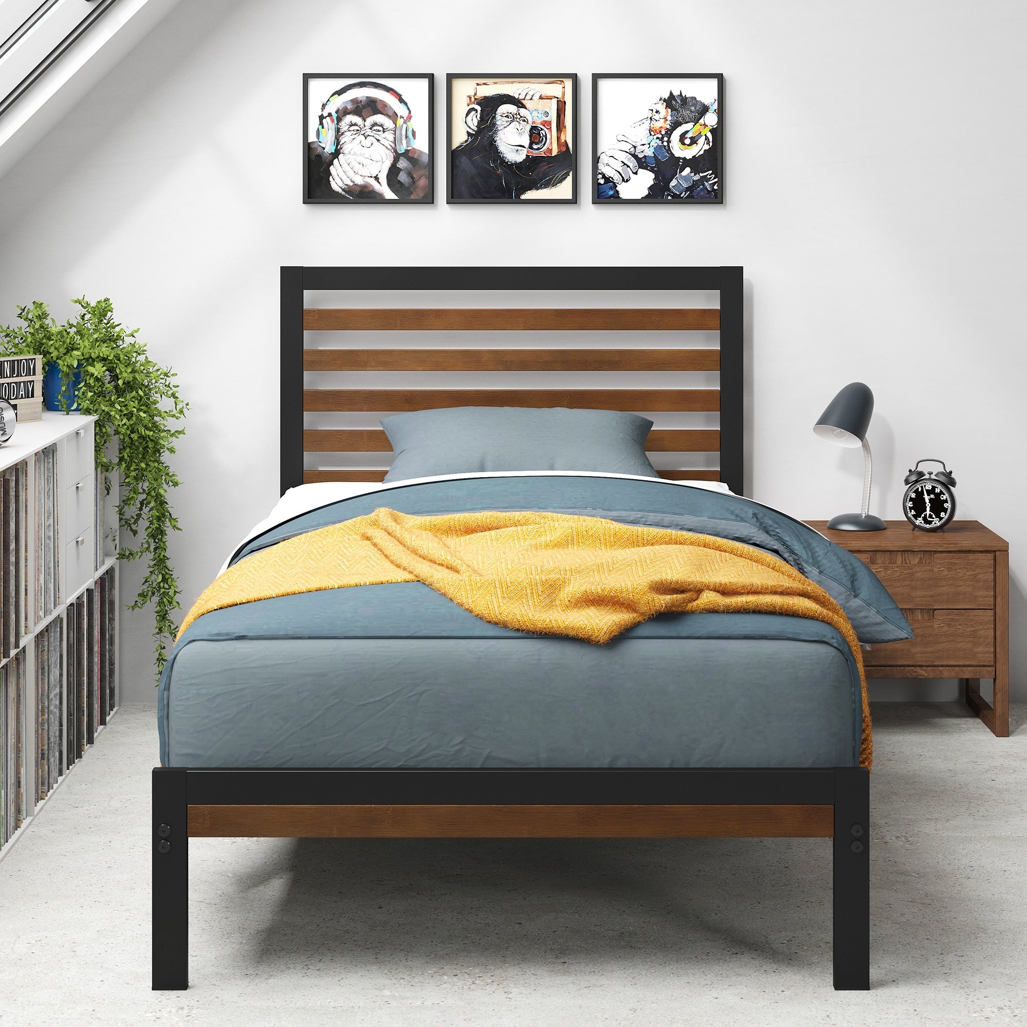 Priage by ZINUS Brown Bamboo and Metal Platform Bed Frame