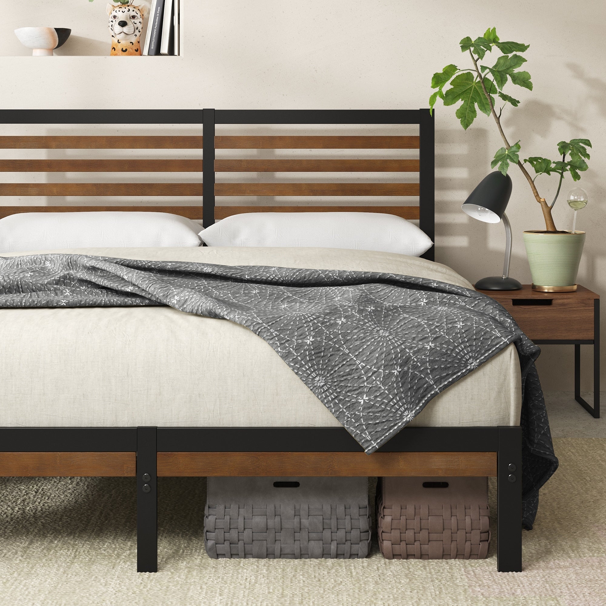 Priage by ZINUS Brown Bamboo and Metal Platform Bed Frame
