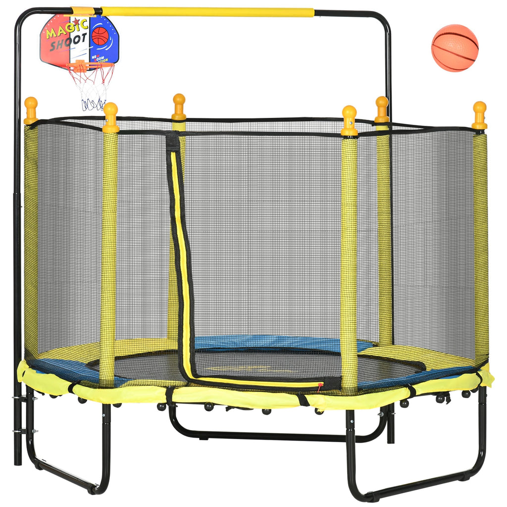 Qaba 4.6' Kids Trampoline with Basketball Hoop, Horizontal Bar, 55 Indoor Trampoline with Net