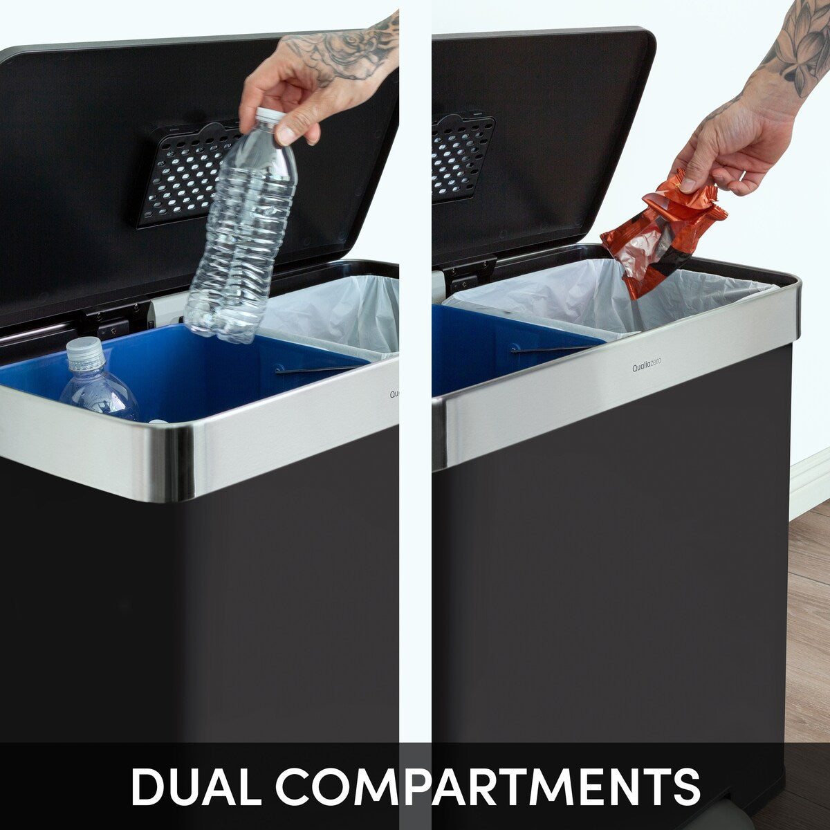 Poubelle de recyclage rectangulaire Qualiazero 16 gal (unité double 8 gal) - Acier inoxydable
