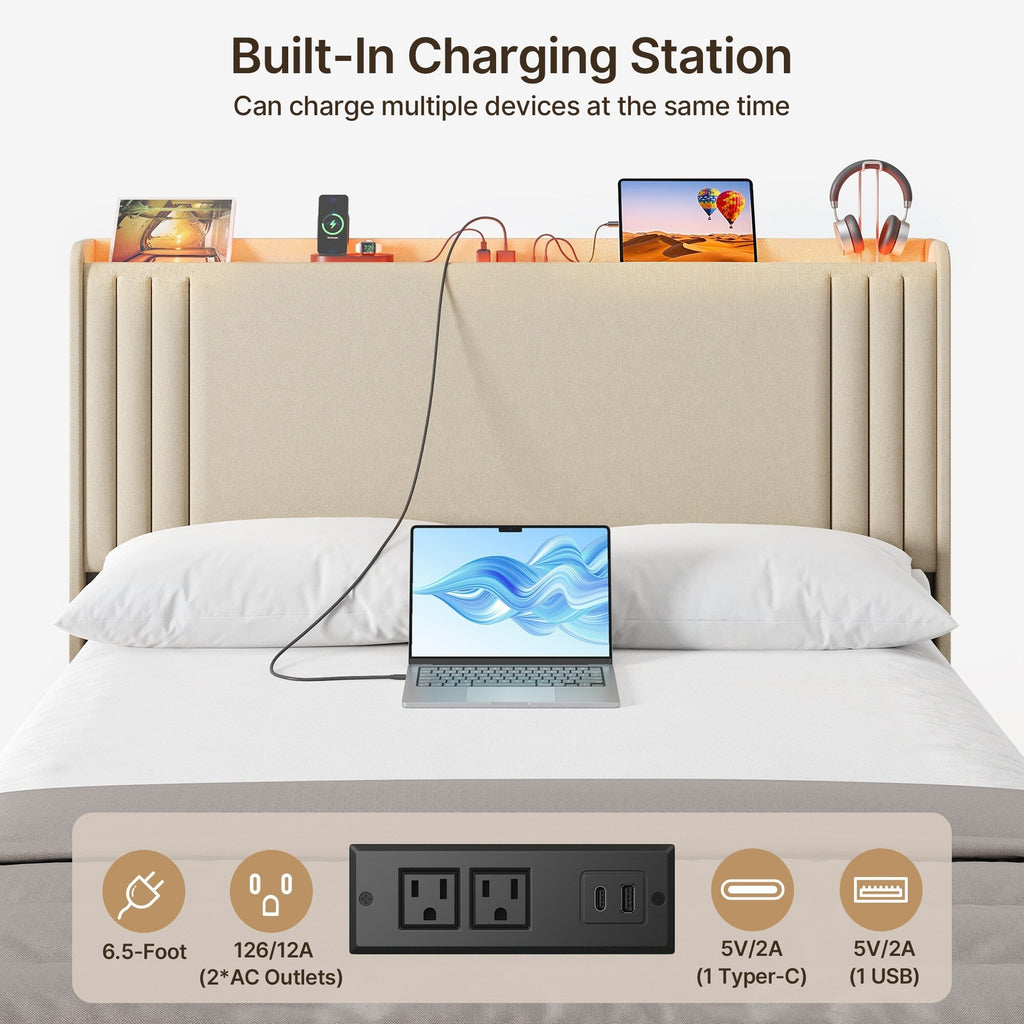 Lit Queen/Full rembourré à canaux verticaux avec tête de lit à oreilles