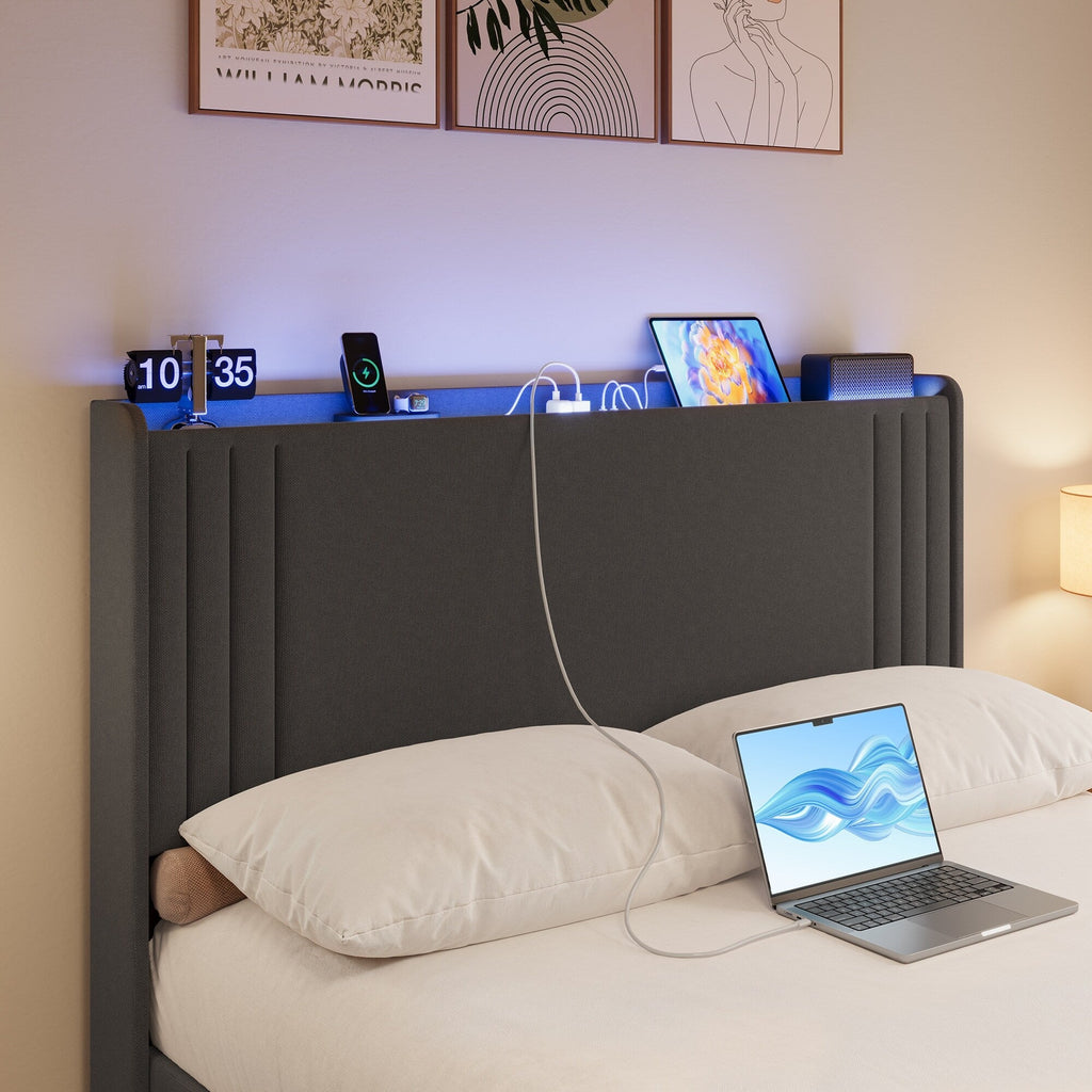 Lit Queen/Full rembourré à canaux verticaux avec tête de lit à oreilles