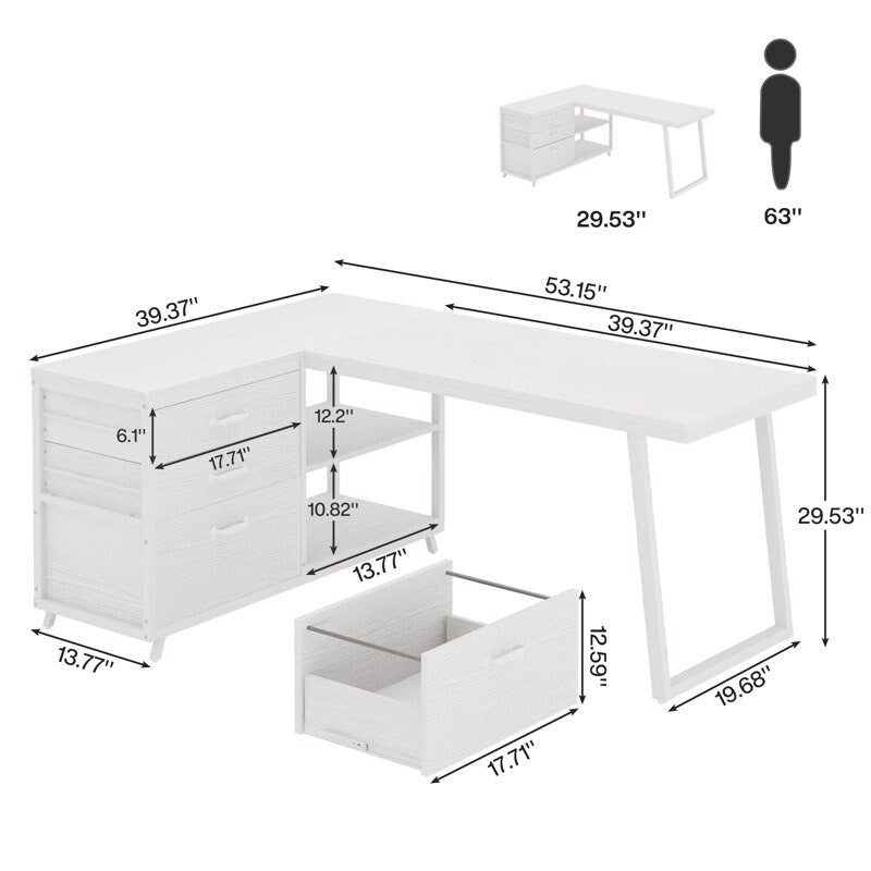 Bureau réversible en L avec tiroirs classeurs, bureau d'angle pour ordinateur