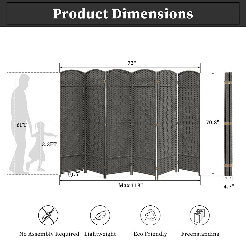 Paravent de séparation de pièce de 6 pieds de haut en fibre tissée, écran de confidentialité autoportant, écran pliant