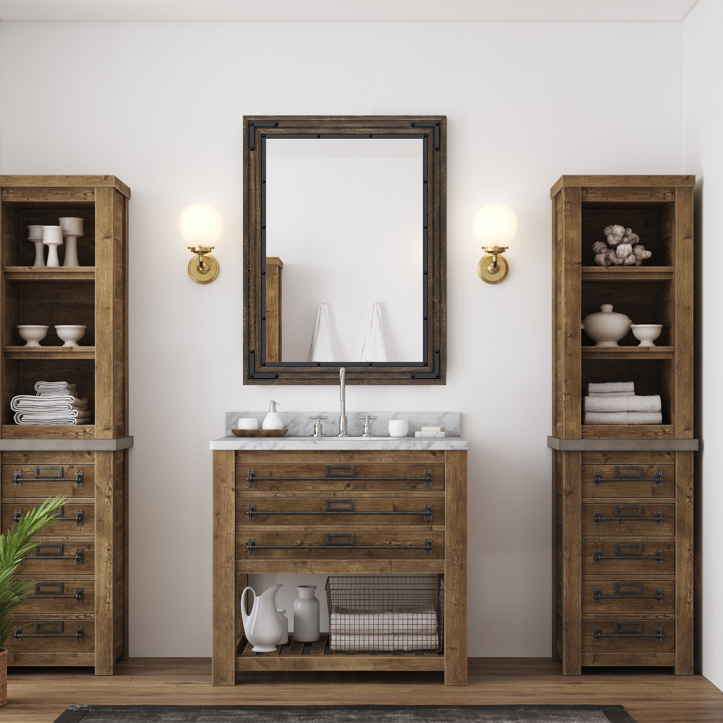 Rustic Wooden Framed Wall Mirror, Natural Wood Bathroom Vanity Mirror