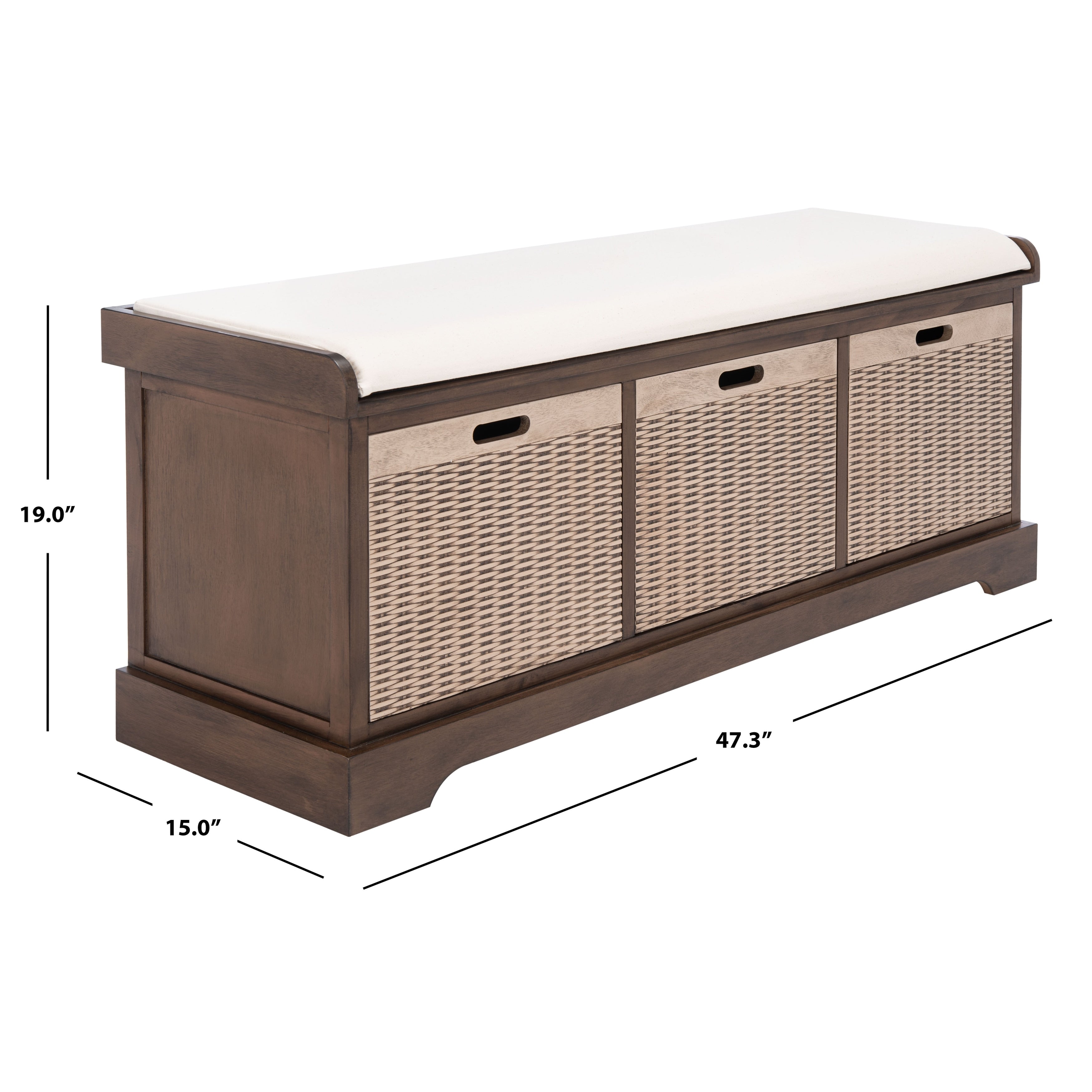 Banc de rangement à 3 tiroirs SAFAVIEH Fiorello avec coussins - 47,3 L x 15 L x 19 H - 47 L x 15 P x 19 H
