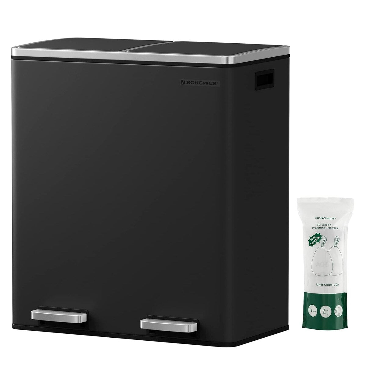 Poubelle double SONGMICS, 16 gallons, en acier inoxydable, noire