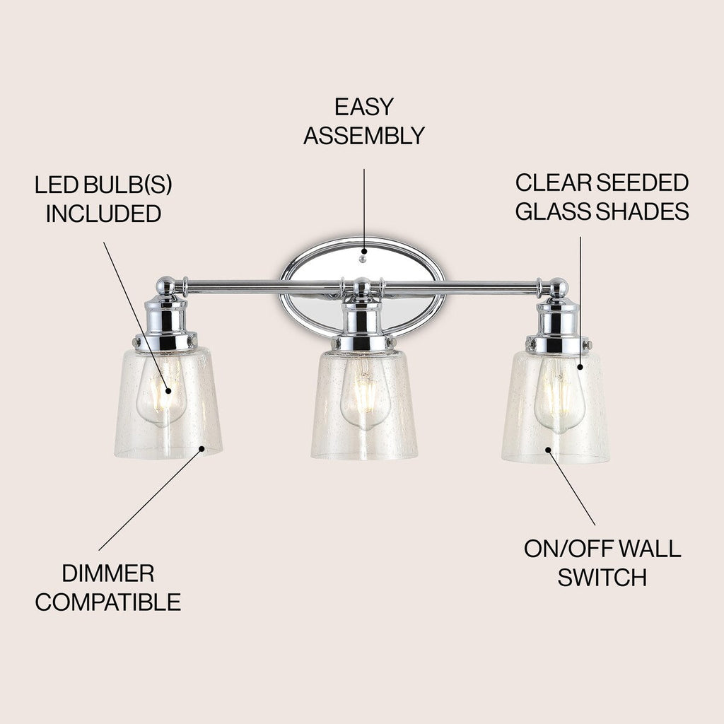 Sandrine 3-Light Iron/Seeded Glass Classic Cottage LED Vanity Light, by JONATHAN Y