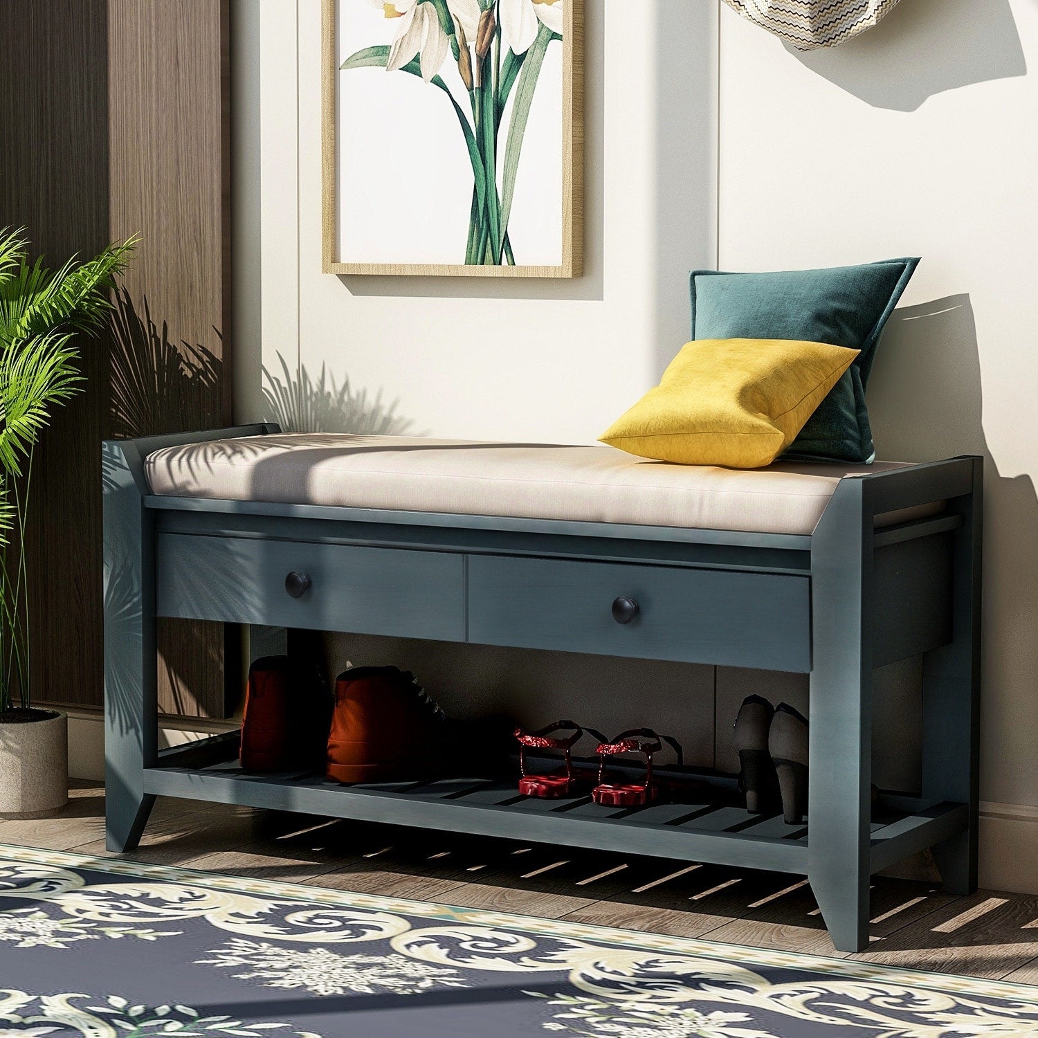 Shoe Rack with Cushioned Seat and Drawers, Multipurpose Storage Bench, Antique Navy - 39L x 14W x 19.8H