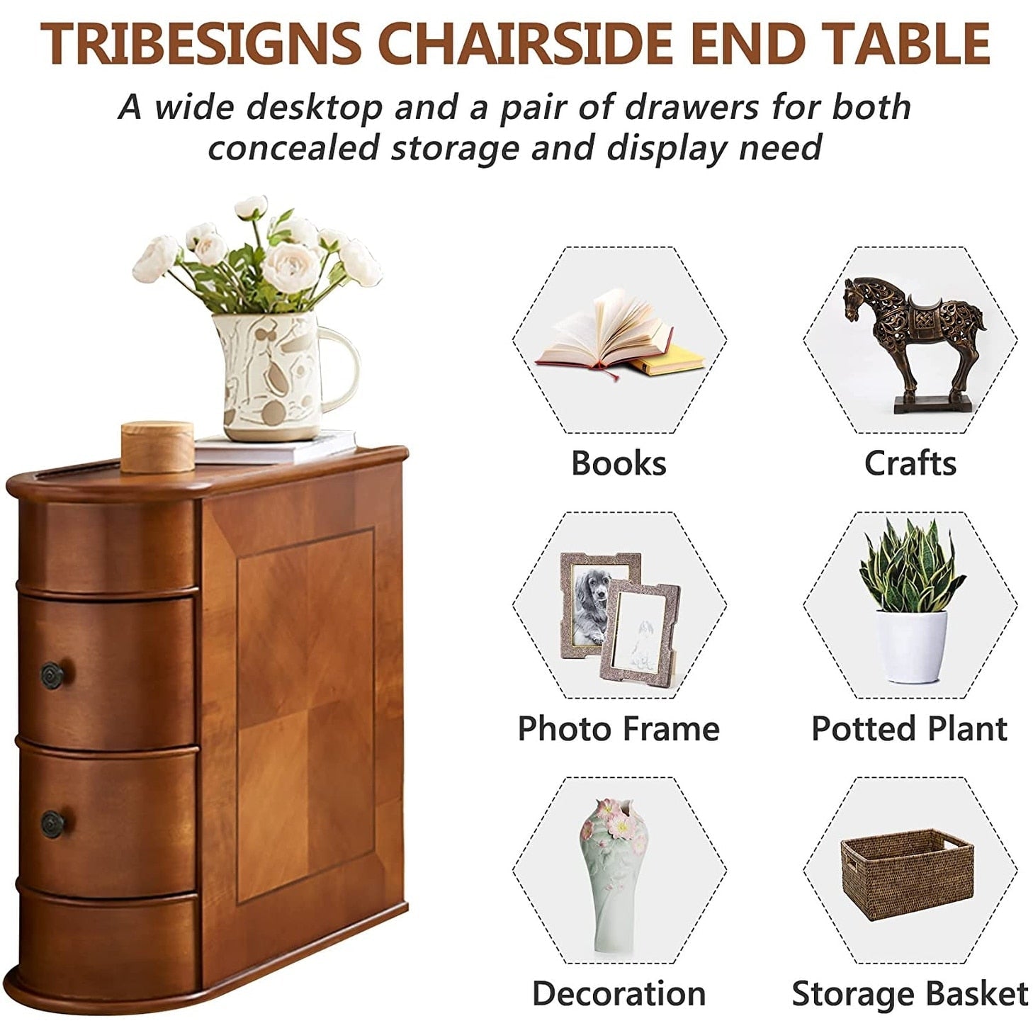 Table d'appoint étroite à deux tiroirs en bois massif