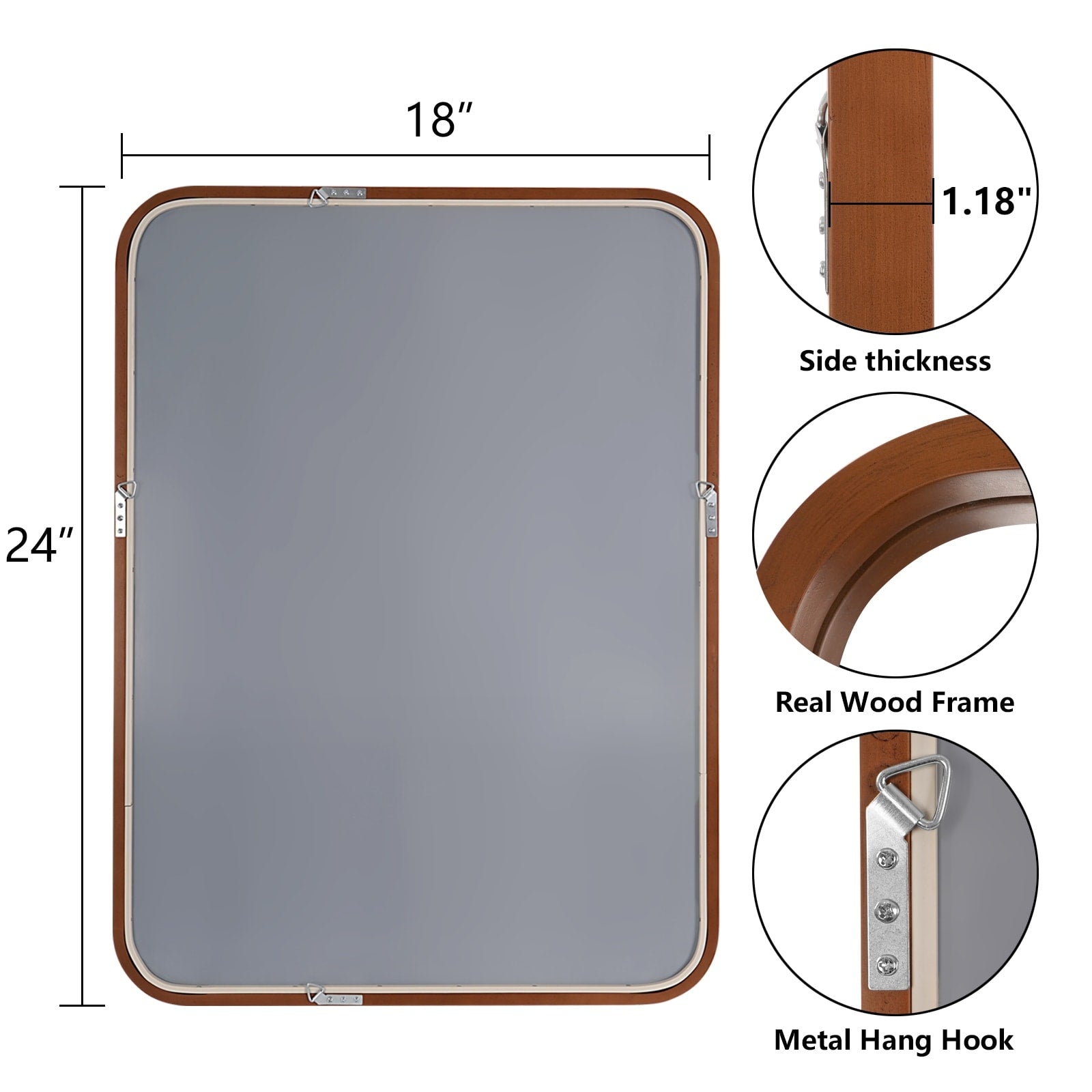Round Corner Rectangle Farm Wall Mirror with Solid Wood Frame