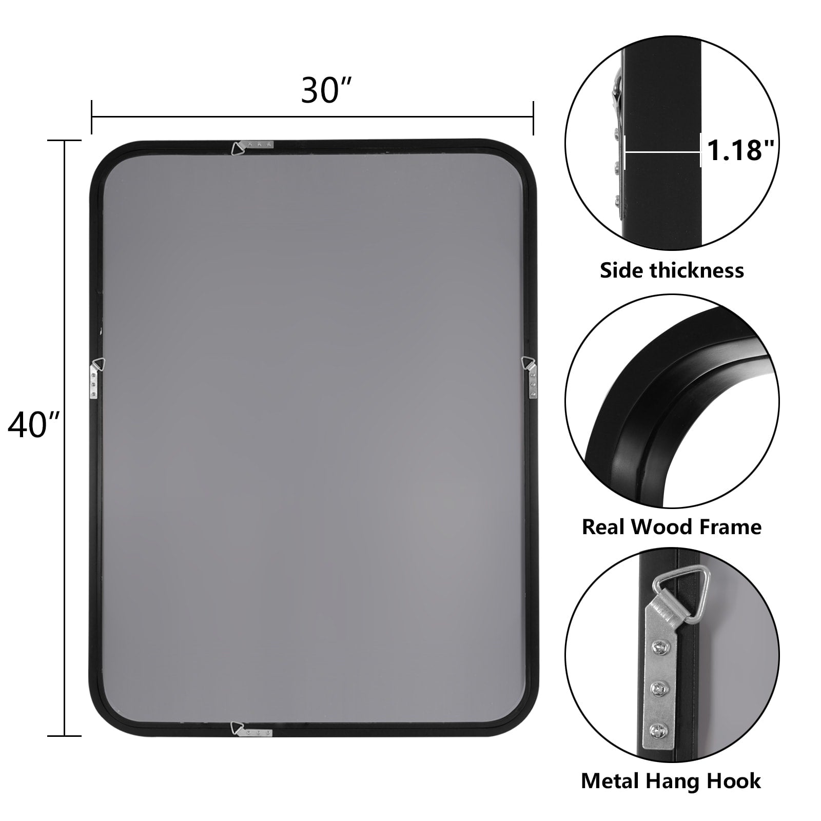 Round Corner Rectangle Farm Wall Mirror with Solid Wood Frame