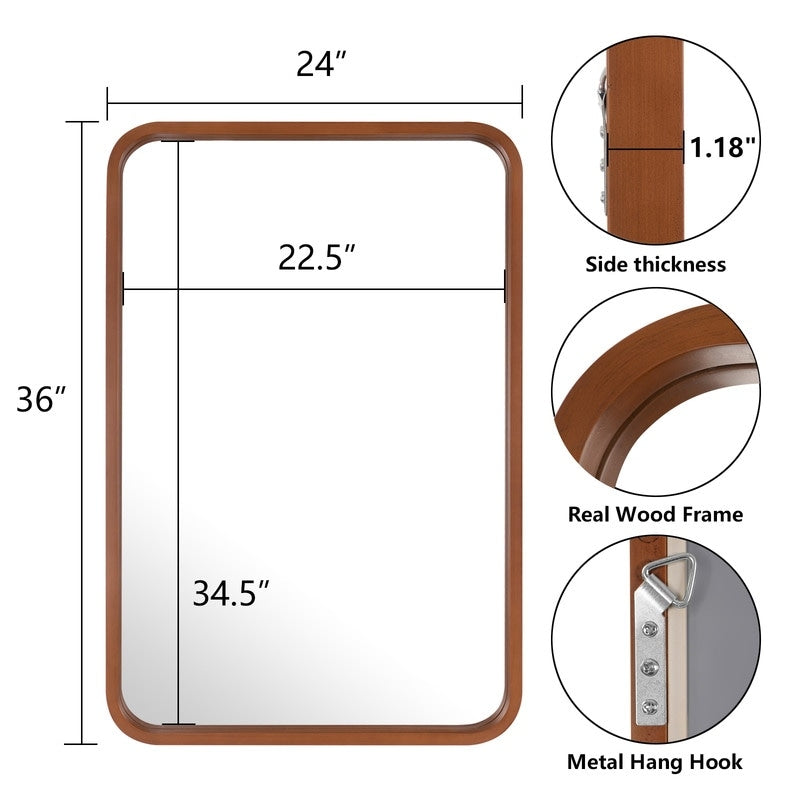 Round Corner Rectangle Farm Wall Mirror with Solid Wood Frame