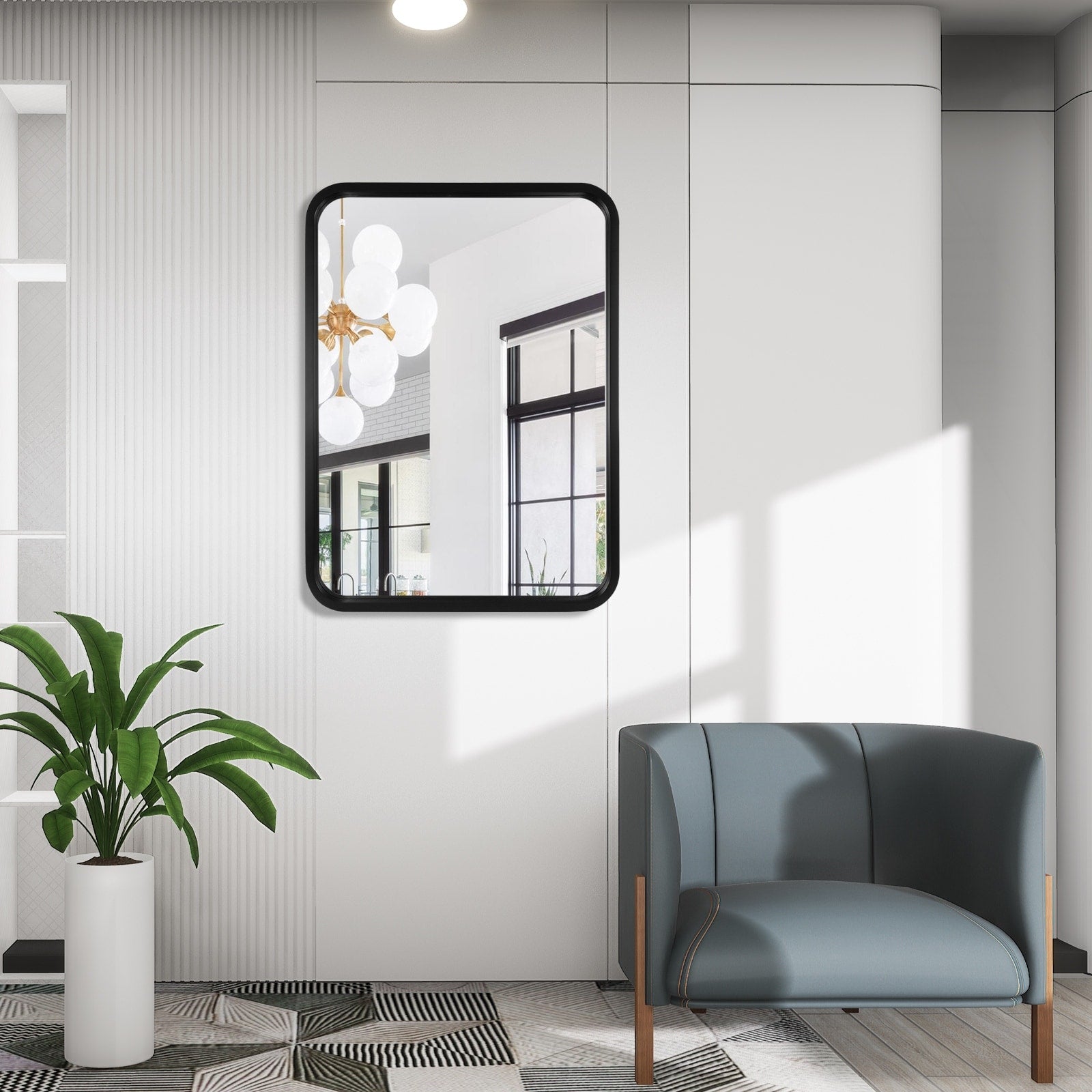 Round Corner Rectangle Farm Wall Mirror with Solid Wood Frame