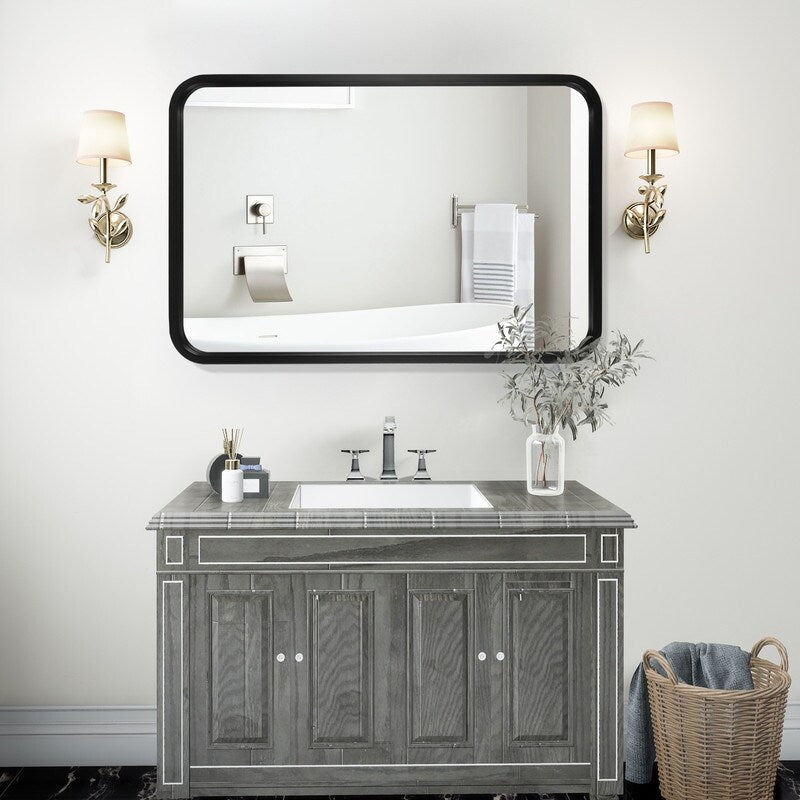 Round Corner Rectangle Farm Wall Mirror with Solid Wood Frame