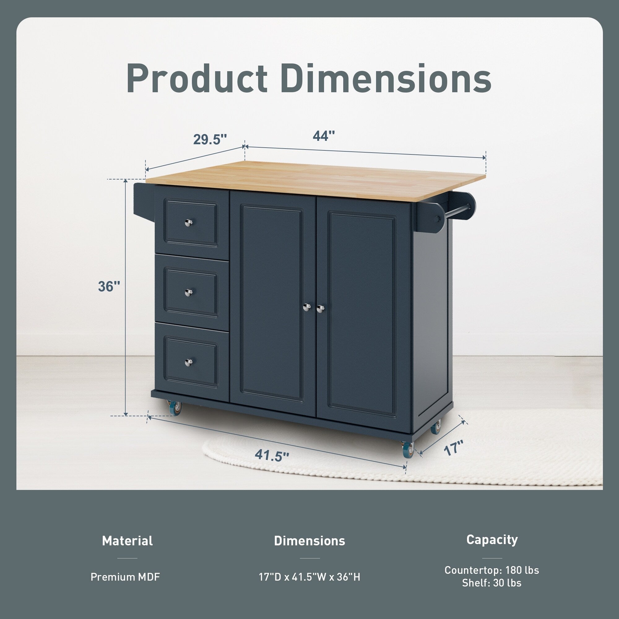 Desserte de cuisine Sophia &amp; William avec abattant et plateau en bois d'hévéa, chariot de cuisine roulant avec grand meuble de rangement