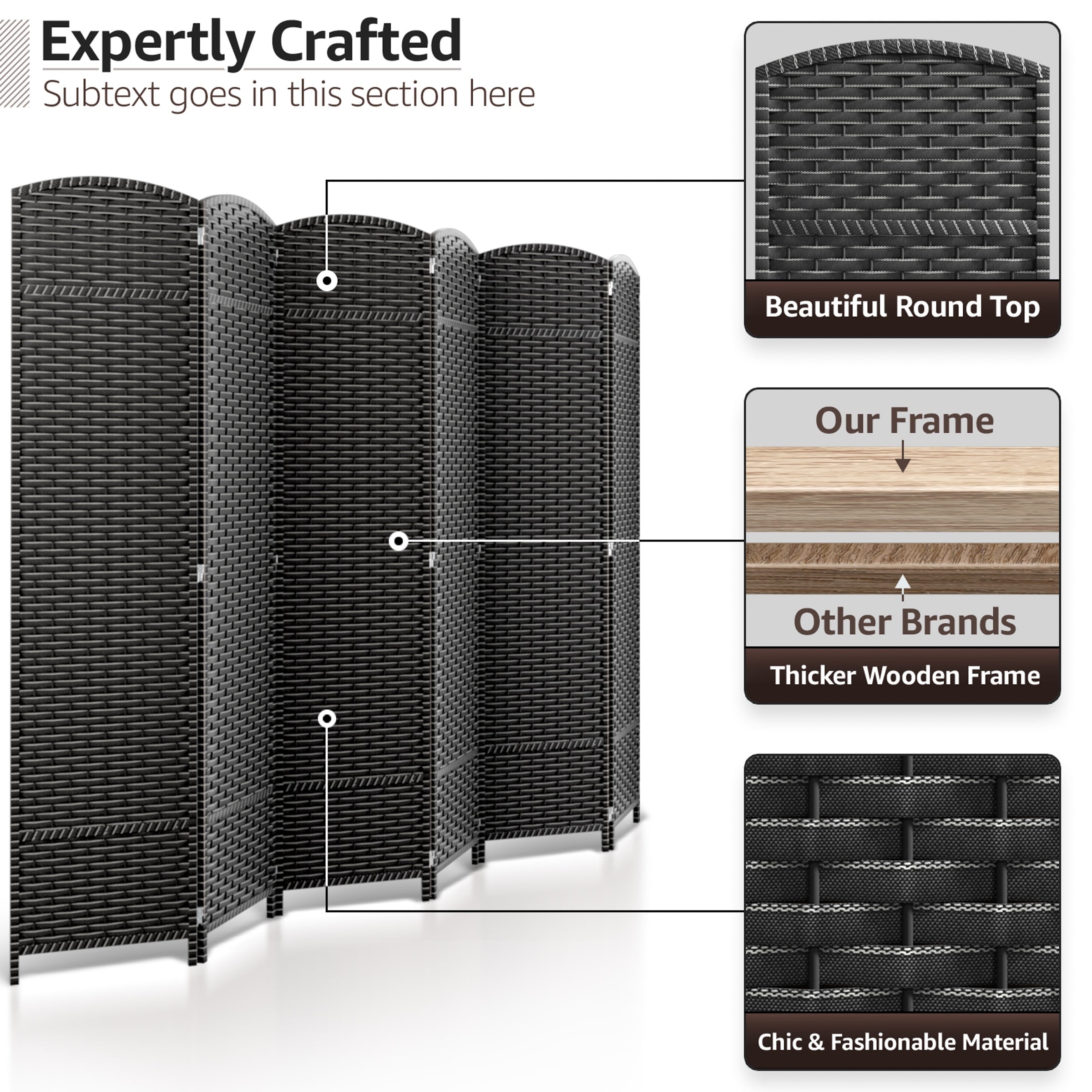 Séparateur de pièce Sorbus à 6 panneaux, cloison de séparation extra large et pliable, tissé à la main, à double charnière, en maille - 1,8 m