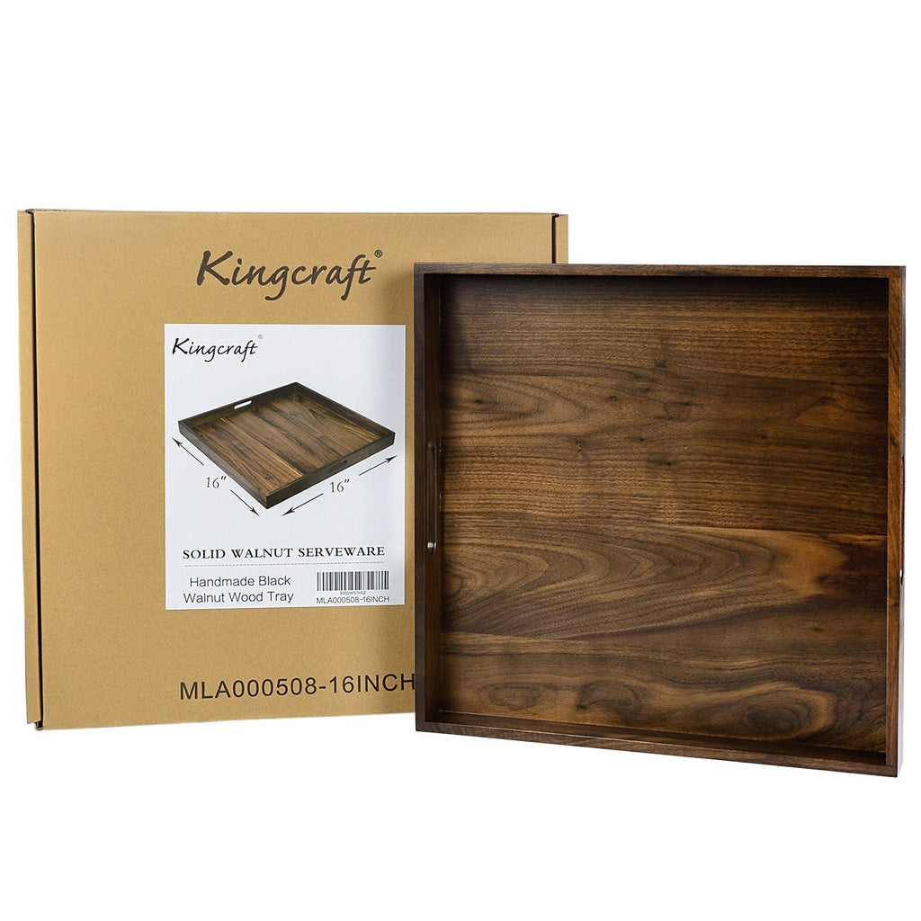 KINWELL Square Black Walnut Wood Serving Tray Ottoman Tray with Handles