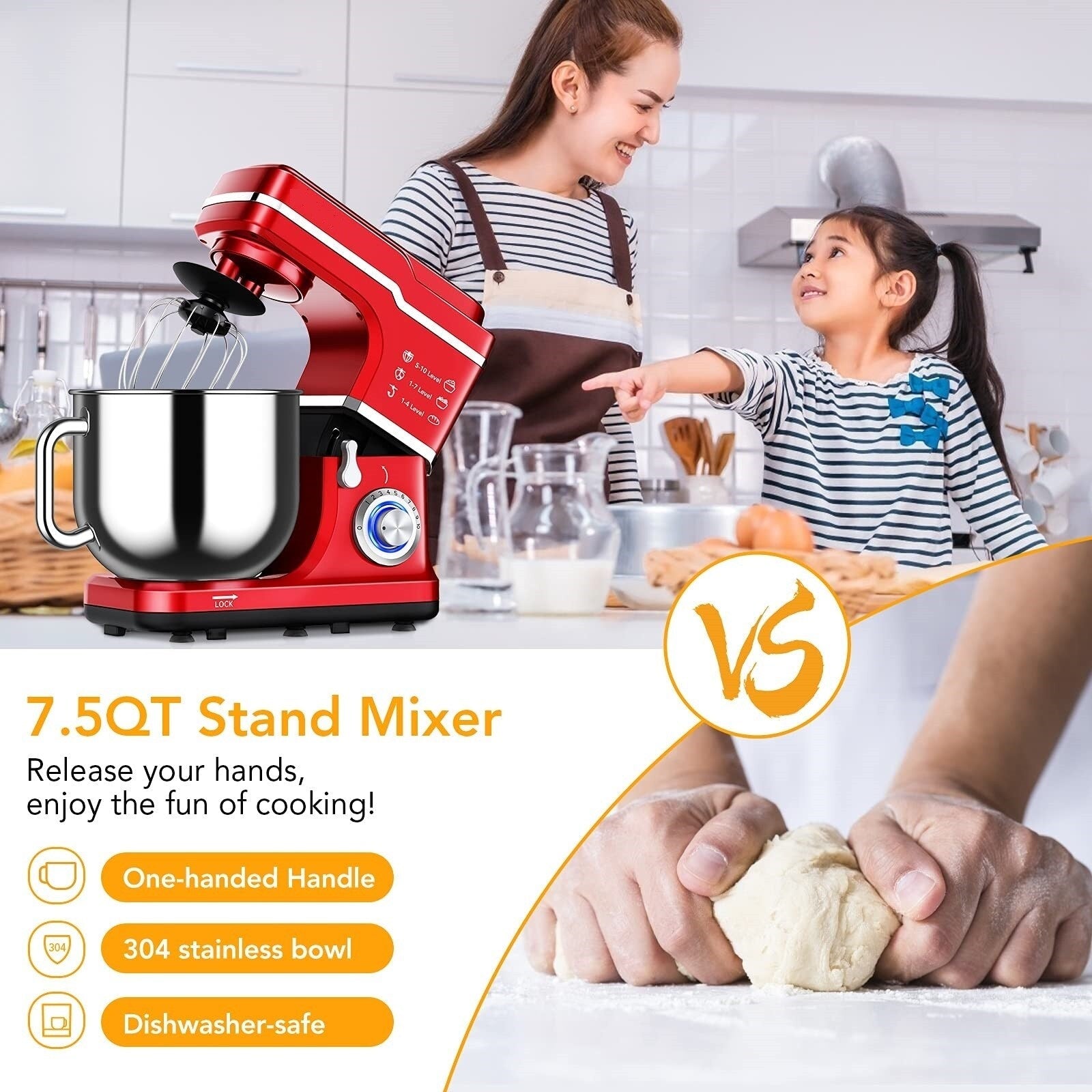Stand Mixer - 7.5QT Capacity, 10-Speed Settings, 660W Motor