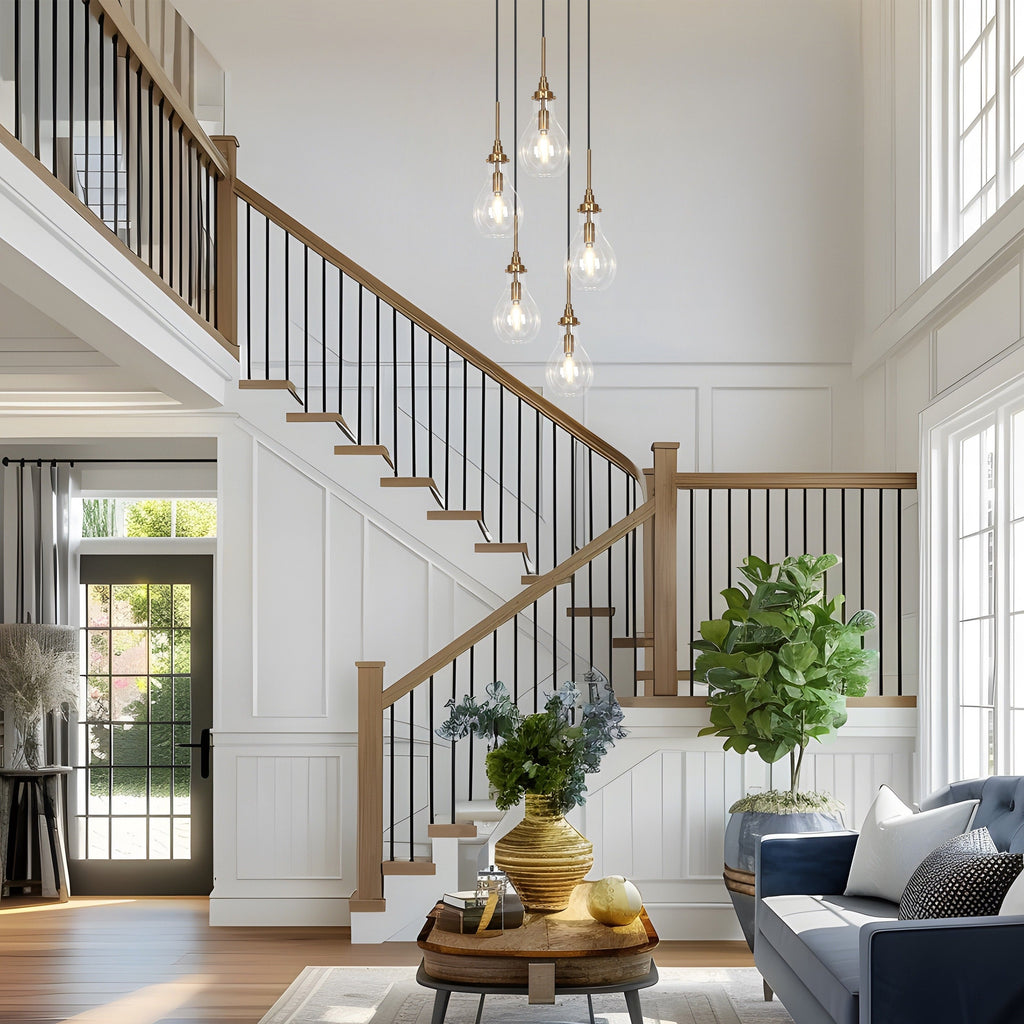 Synia Lustre moderne à 5 lumières en forme de larme en verre pour escalier, entrée, haut plafond - 38,1 cm x 46,2 à 189,9 cm