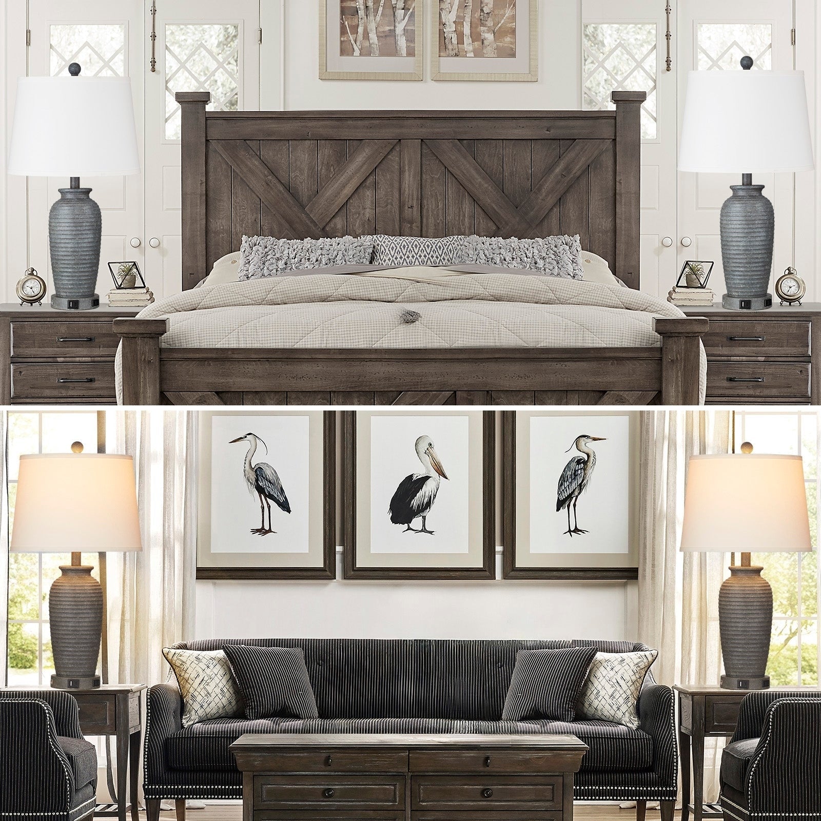 Grey Resin Table Lamps with 3-way Touch Dimming Switch USB Charging Port and AC Outlet (Set of 2)