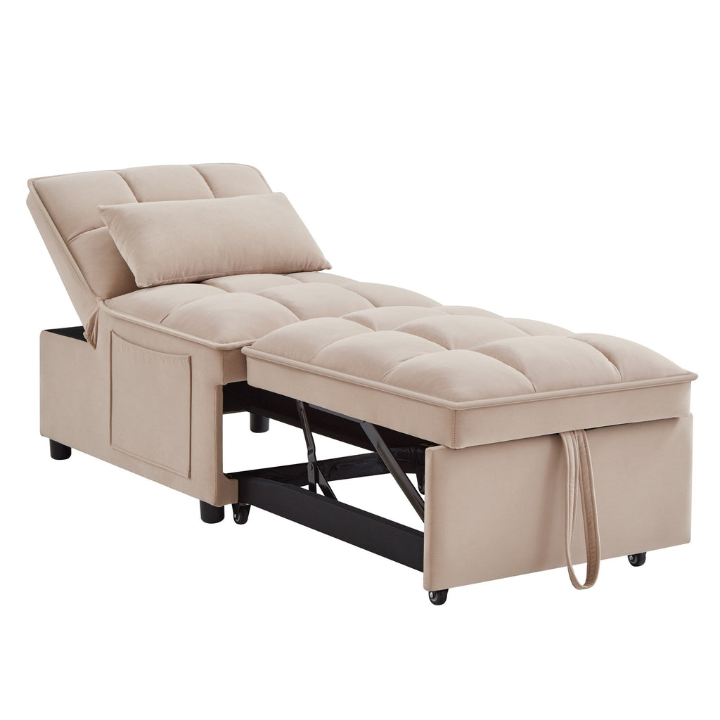 Taupe 68.5 Velvet Single Folding Sofa Bed with Adjustable Backrest and Pillows for Living Room