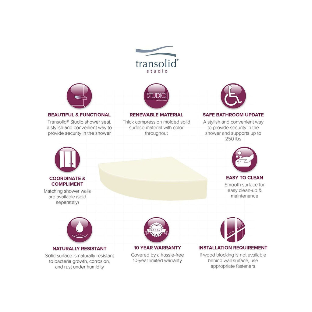Siège de douche d'angle mural en surface solide Transolid Studio 14 po x 14 po - 14,5 x 14,25 x 3