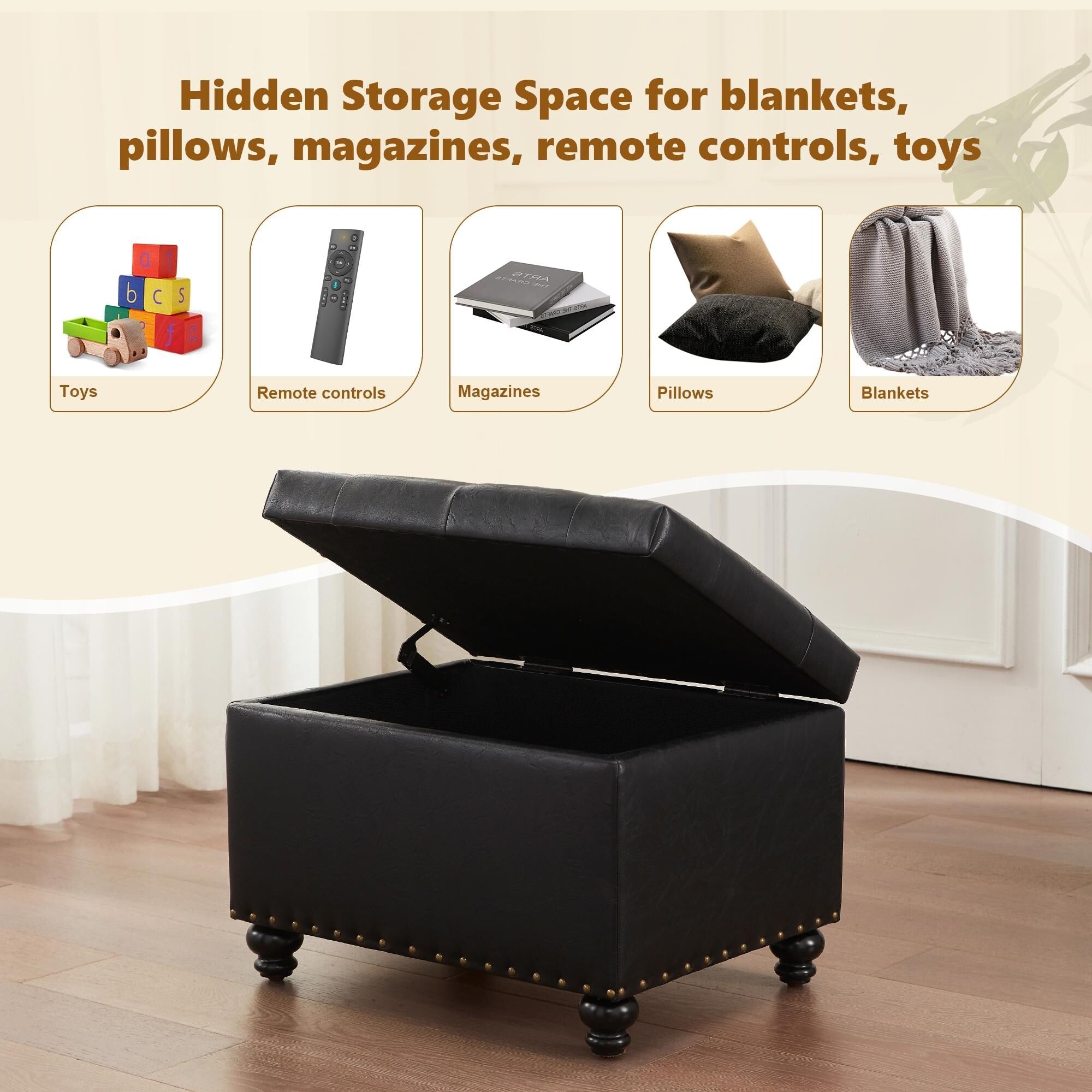 Tufted Storage Ottoman Bench, Rectangular Footstool