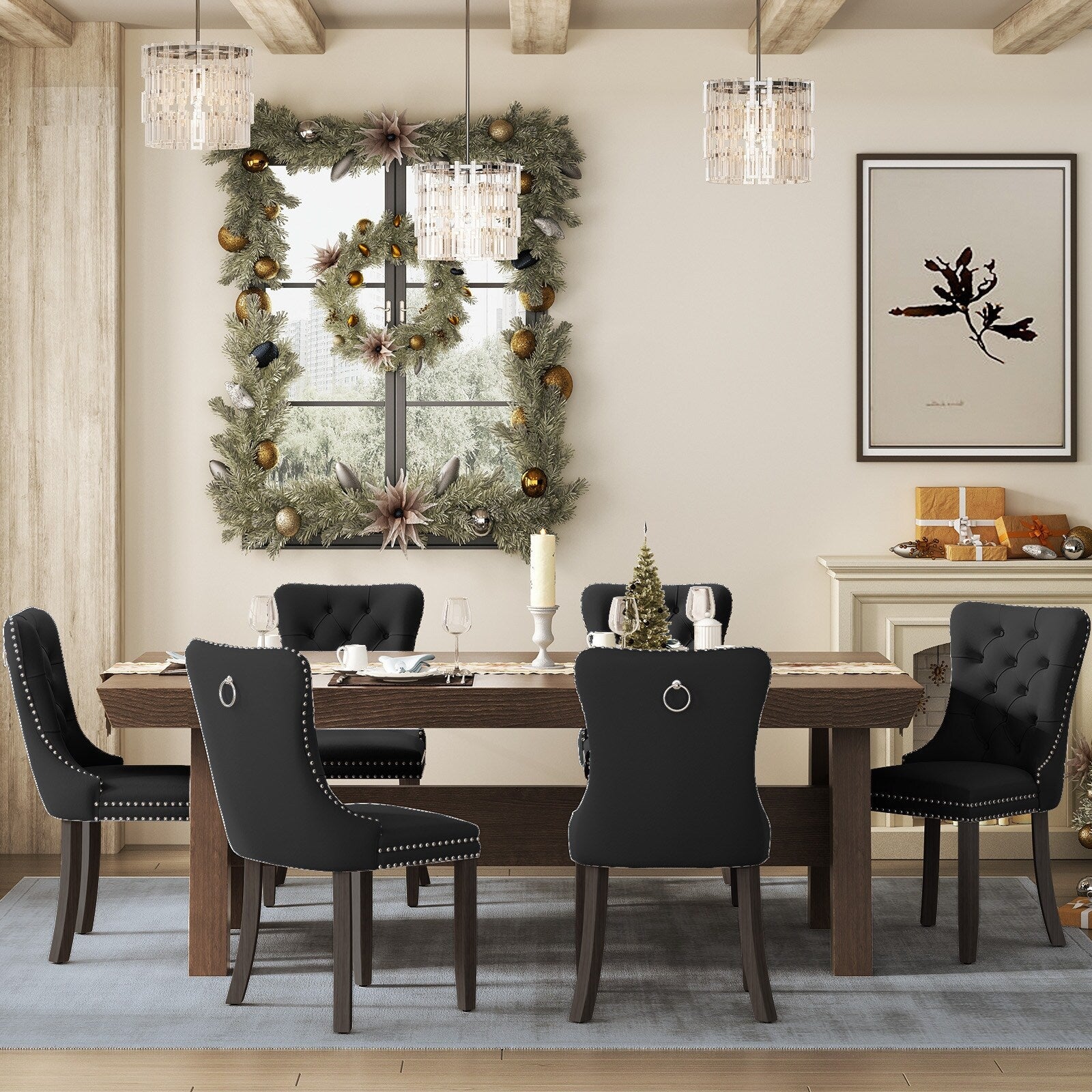 Chaise de salle à manger capitonnée en velours avec pieds en bois massif, lot de 6