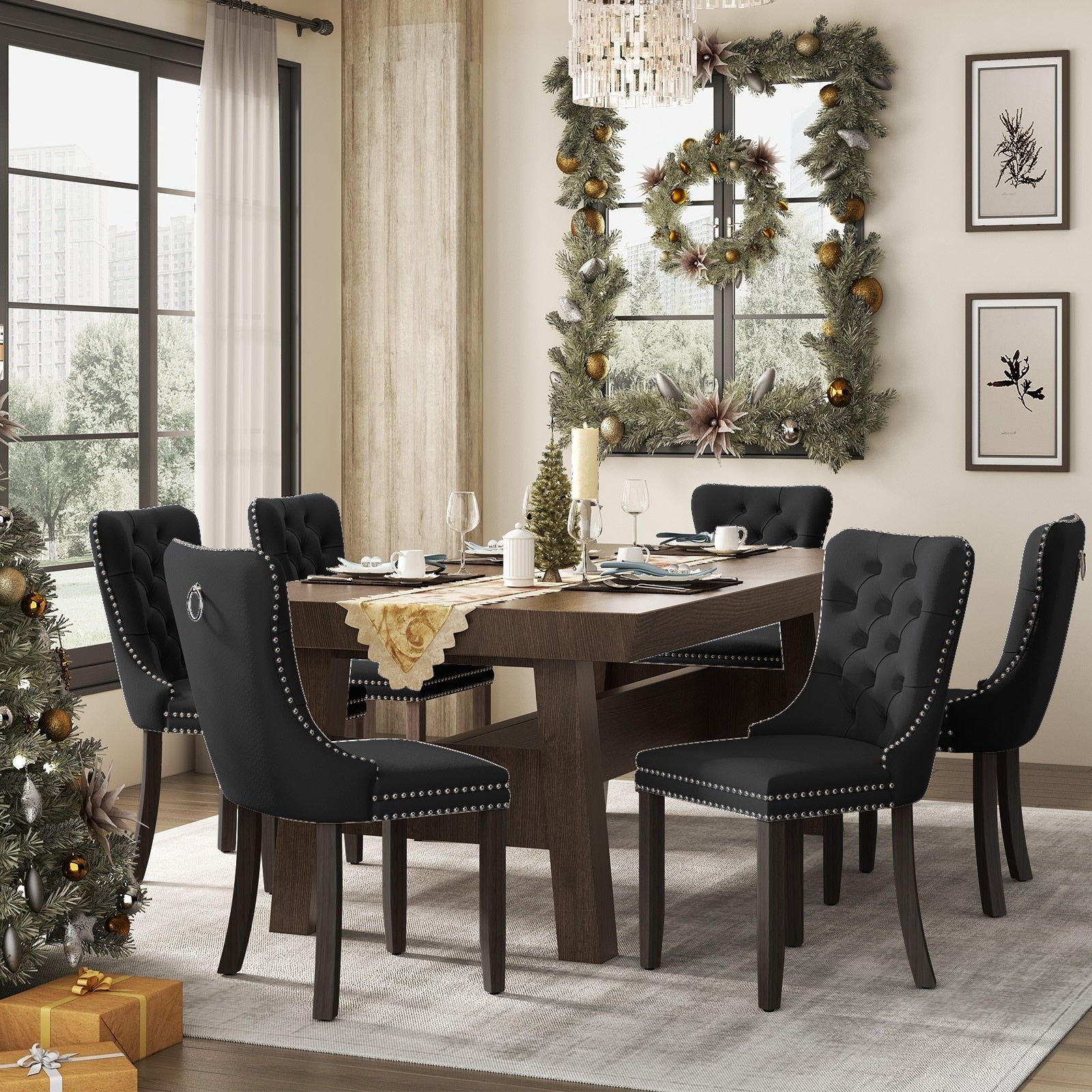 Chaise de salle à manger capitonnée en velours avec pieds en bois massif, lot de 6