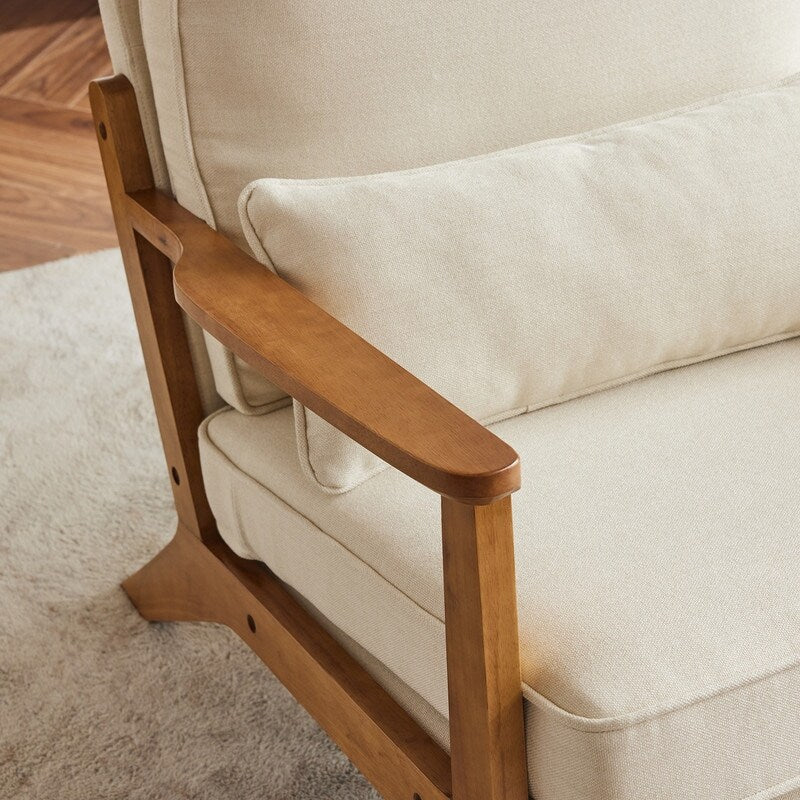 Fauteuil d'appoint rembourré en lin mélangé avec pieds en bois et un coussin beige