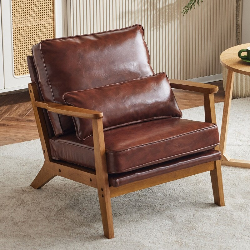 Fauteuil d'appoint rembourré en lin mélangé avec pieds en bois et un coussin beige