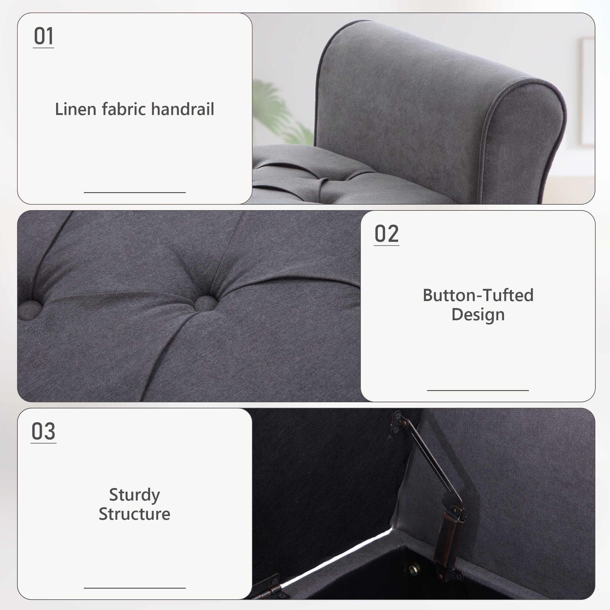 Banc de rangement rembourré, banc d'entrée avec dessus rabattable touffeté, 50,4 pouces