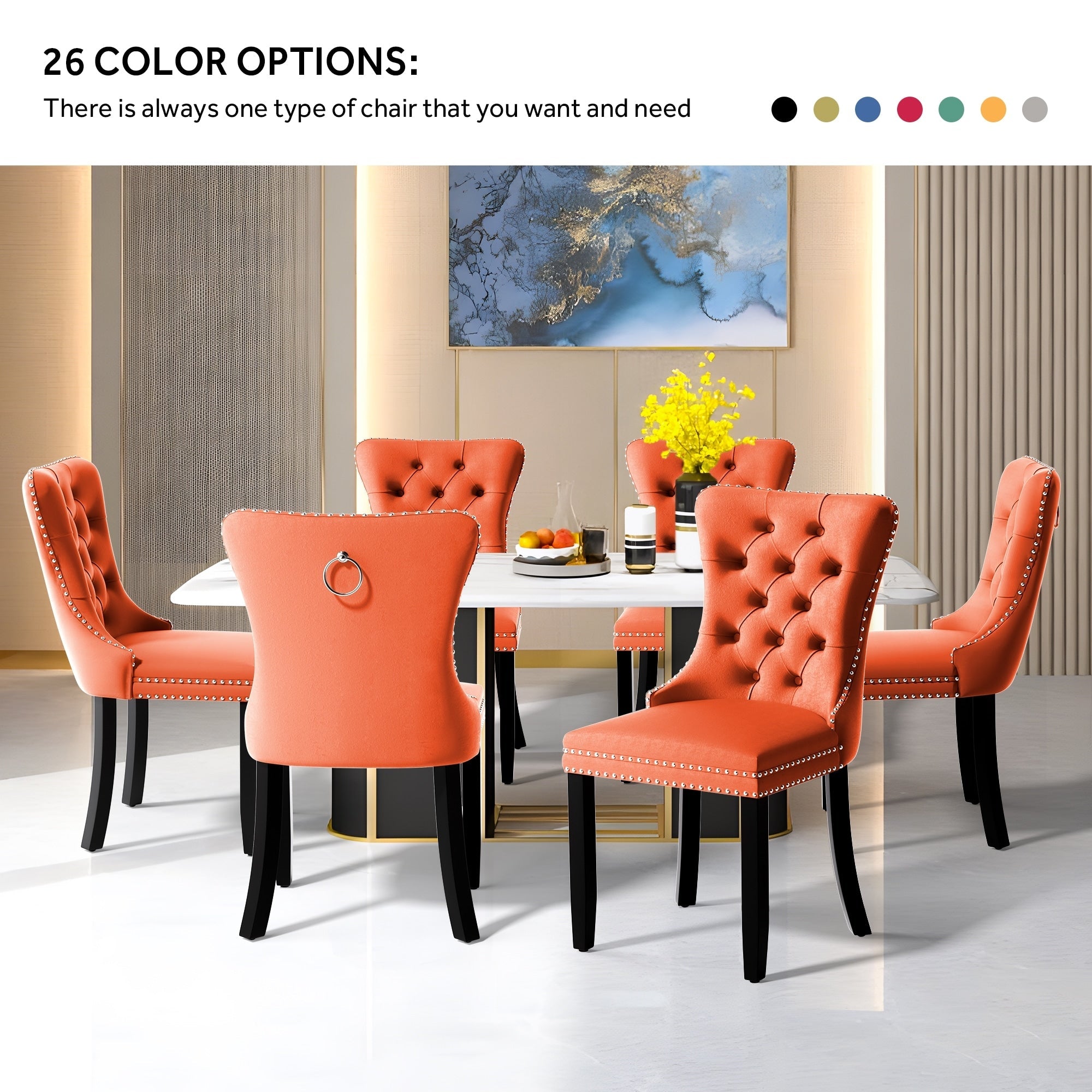 Chaise de salle à manger capitonnée en velours avec pieds en bois massif, lot de 6