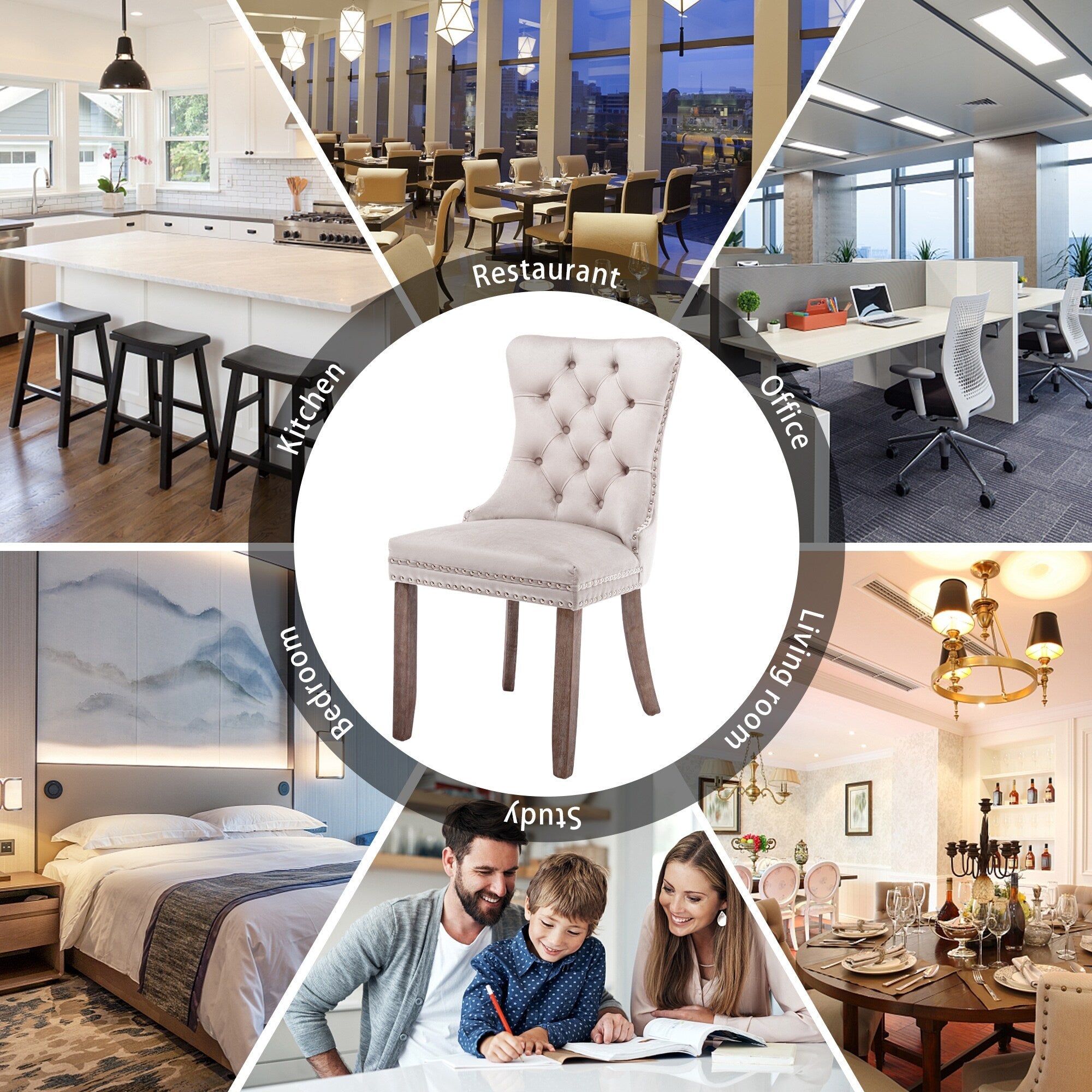 Chaise de salle à manger capitonnée en velours avec pieds en bois massif, lot de 6