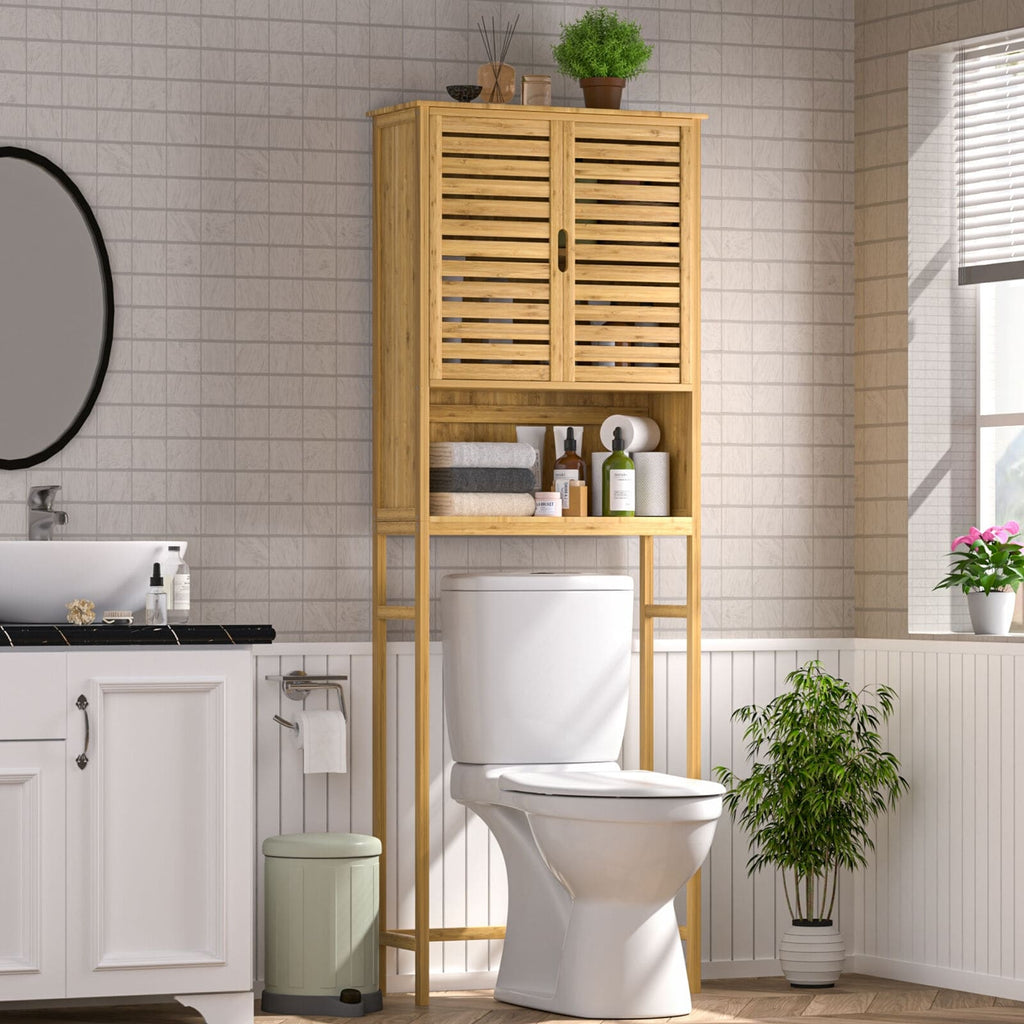 VEIKOUS Bamboo Over The Toilet Storage Cabinet Cupboard Bathroom Organizer with Adjustable Shelf and Double Doors