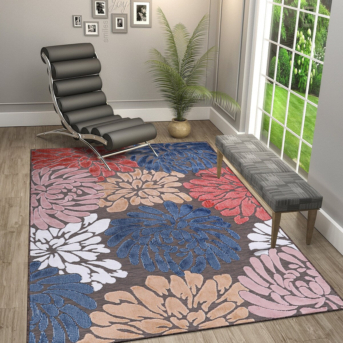 VILLADECOR Floral Indoor Outdoor Area Rug Low High Pile Rugs For Patio