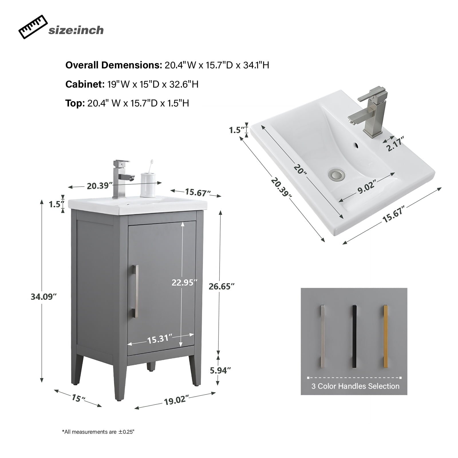 Meuble-lavabo simple Vanity Art 20, 24 ou 30 avec dessus en céramique