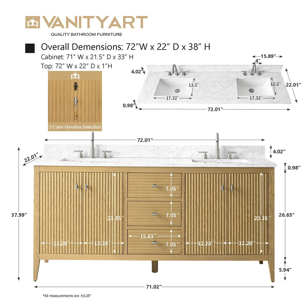 Meuble-lavabo double vasque Vanity Art 72 avec plateau en marbre reconstitué